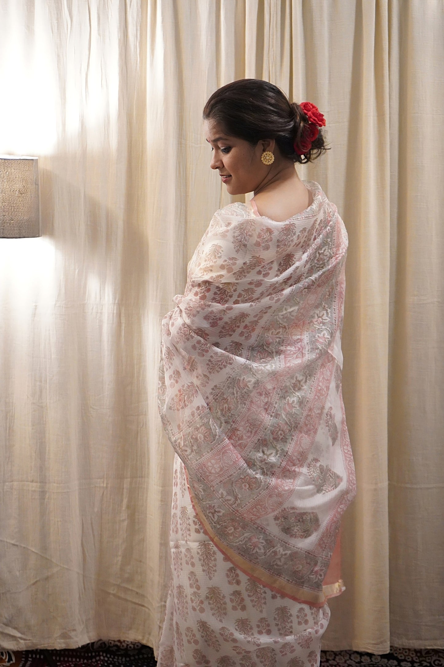 White Kota Silk Saree with Light Pink Handblock Prints