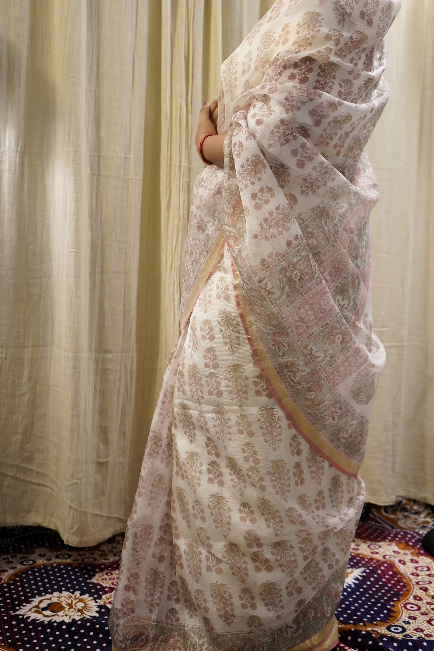 White Kota Silk Saree with Light Pink Handblock Prints
