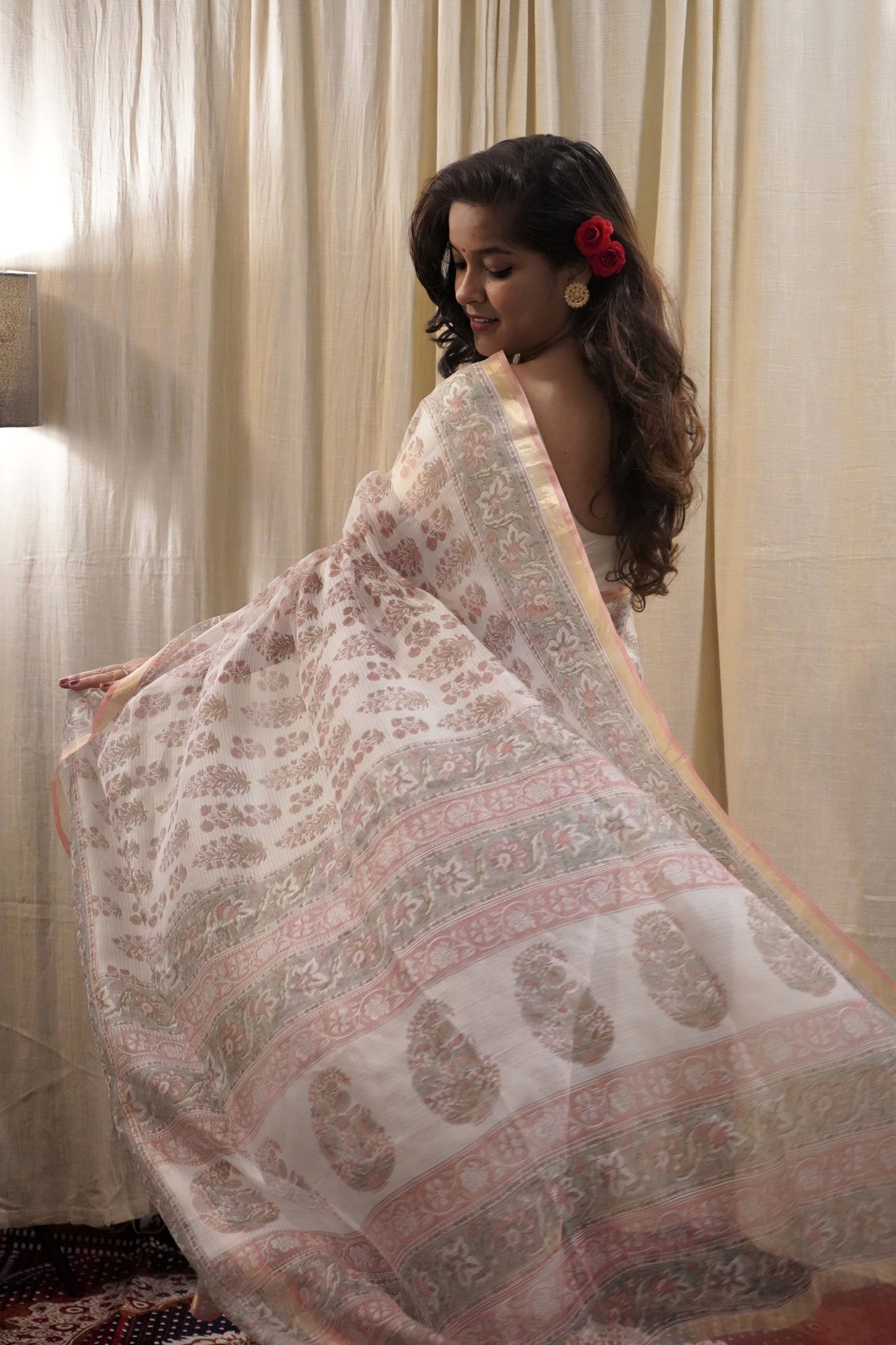 White Kota Silk Saree with Light Pink Handblock Prints