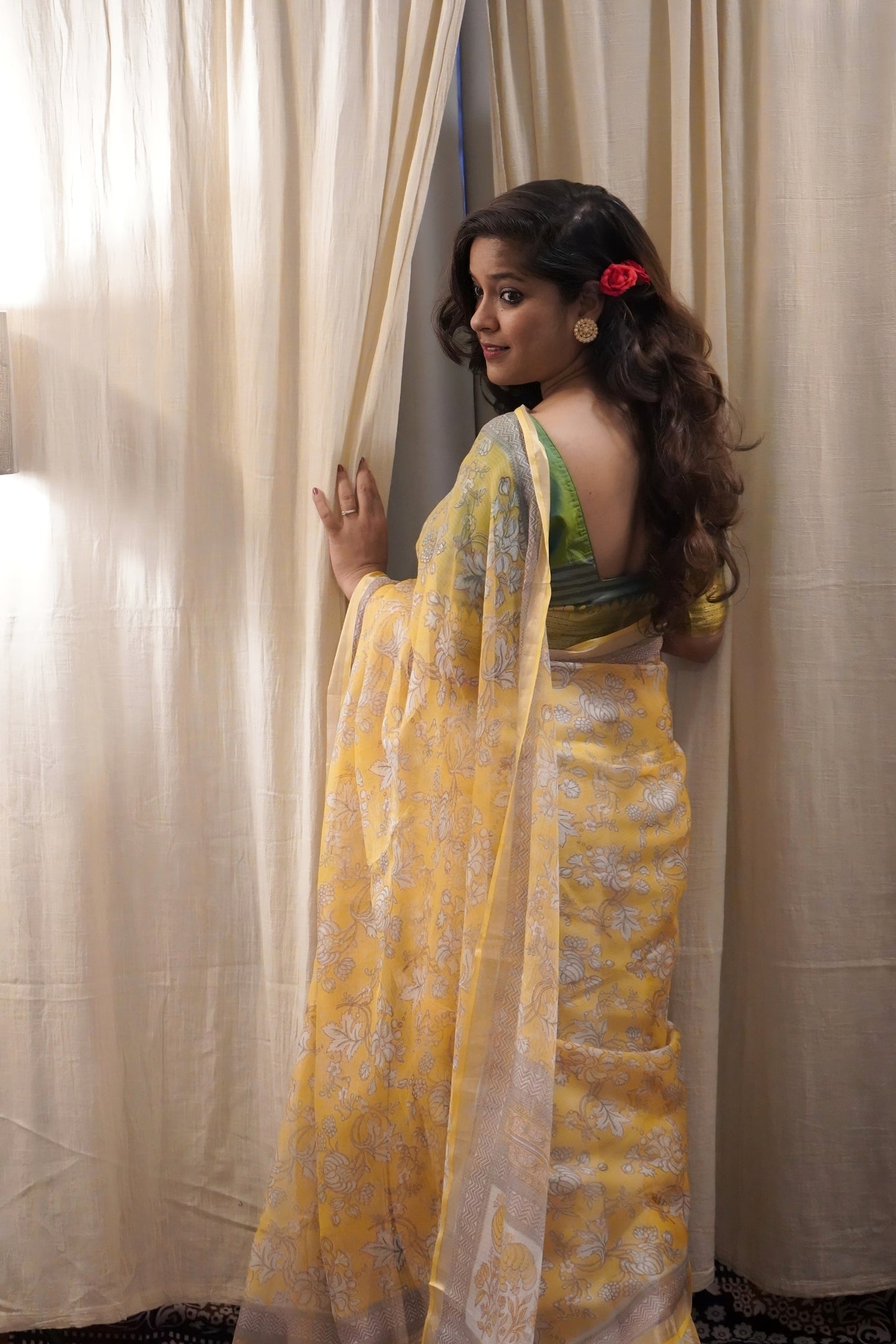 Yellow Handblock Printed Kota Silk Saree