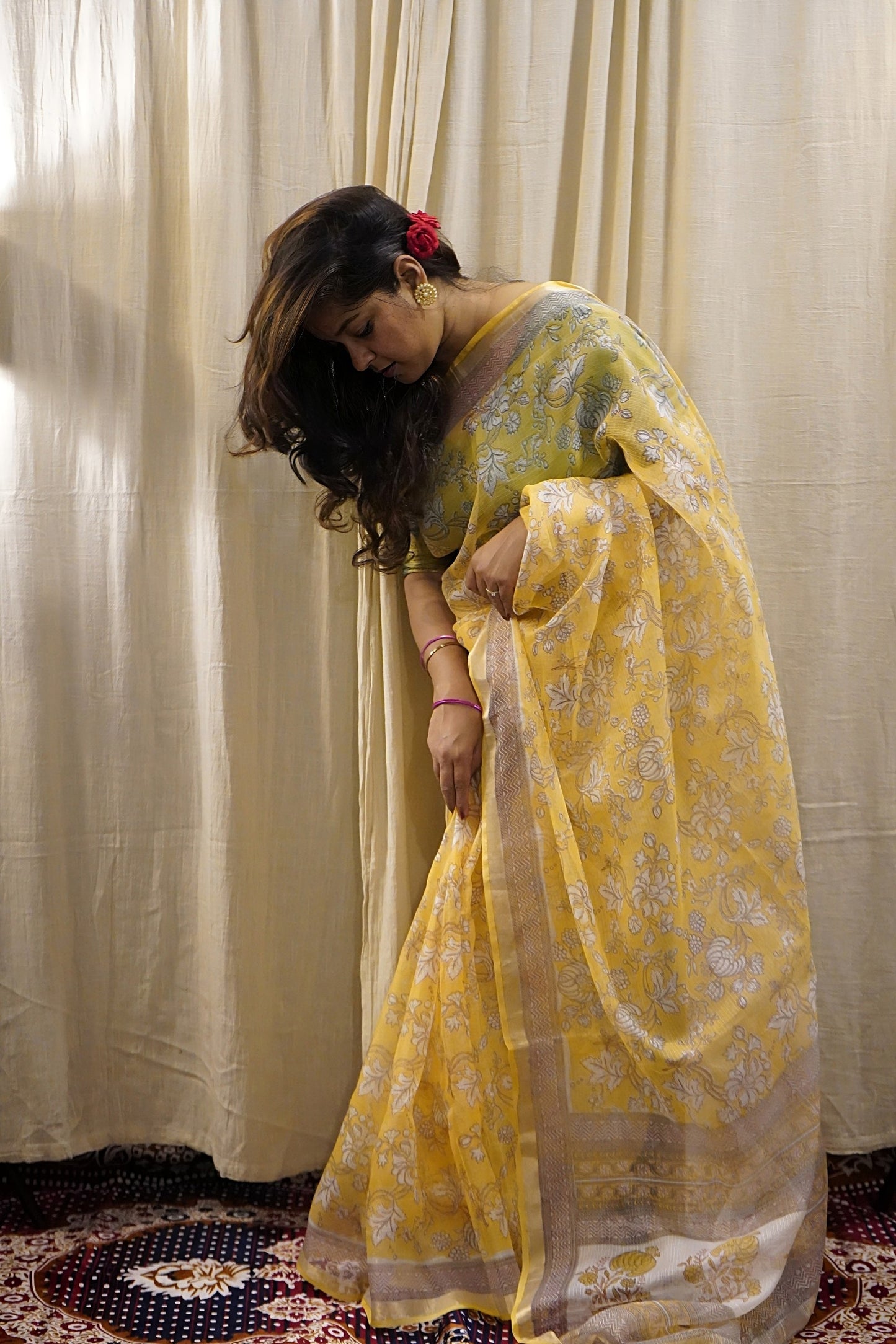 Yellow Handblock Printed Kota Silk Saree