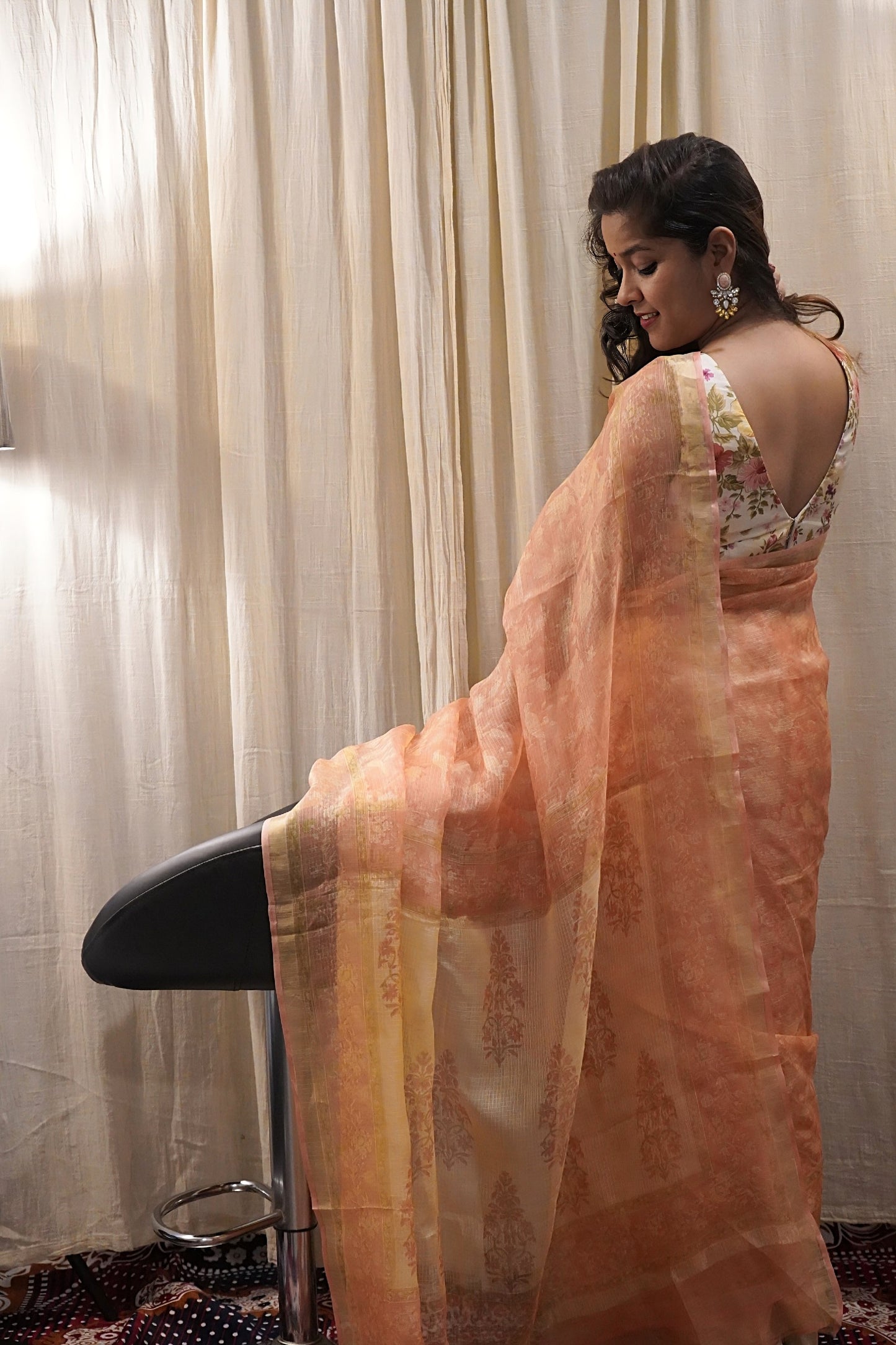 Peach Kota Silk Handblock Printed Saree
