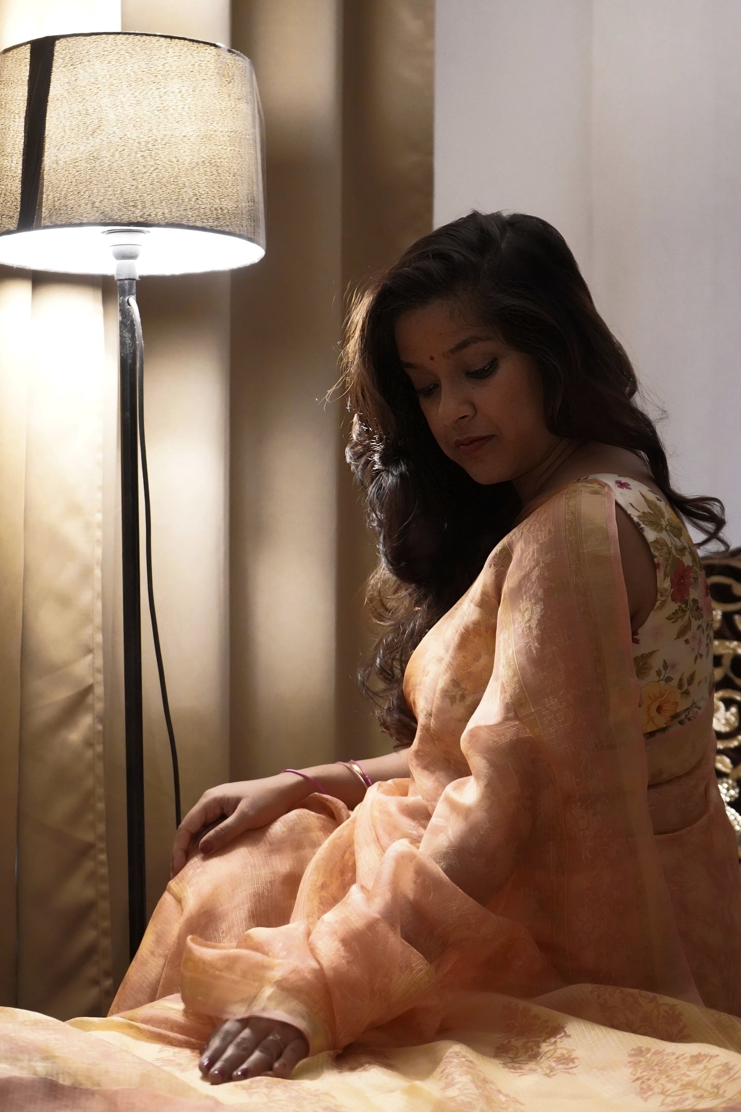Peach Kota Silk Handblock Printed Saree