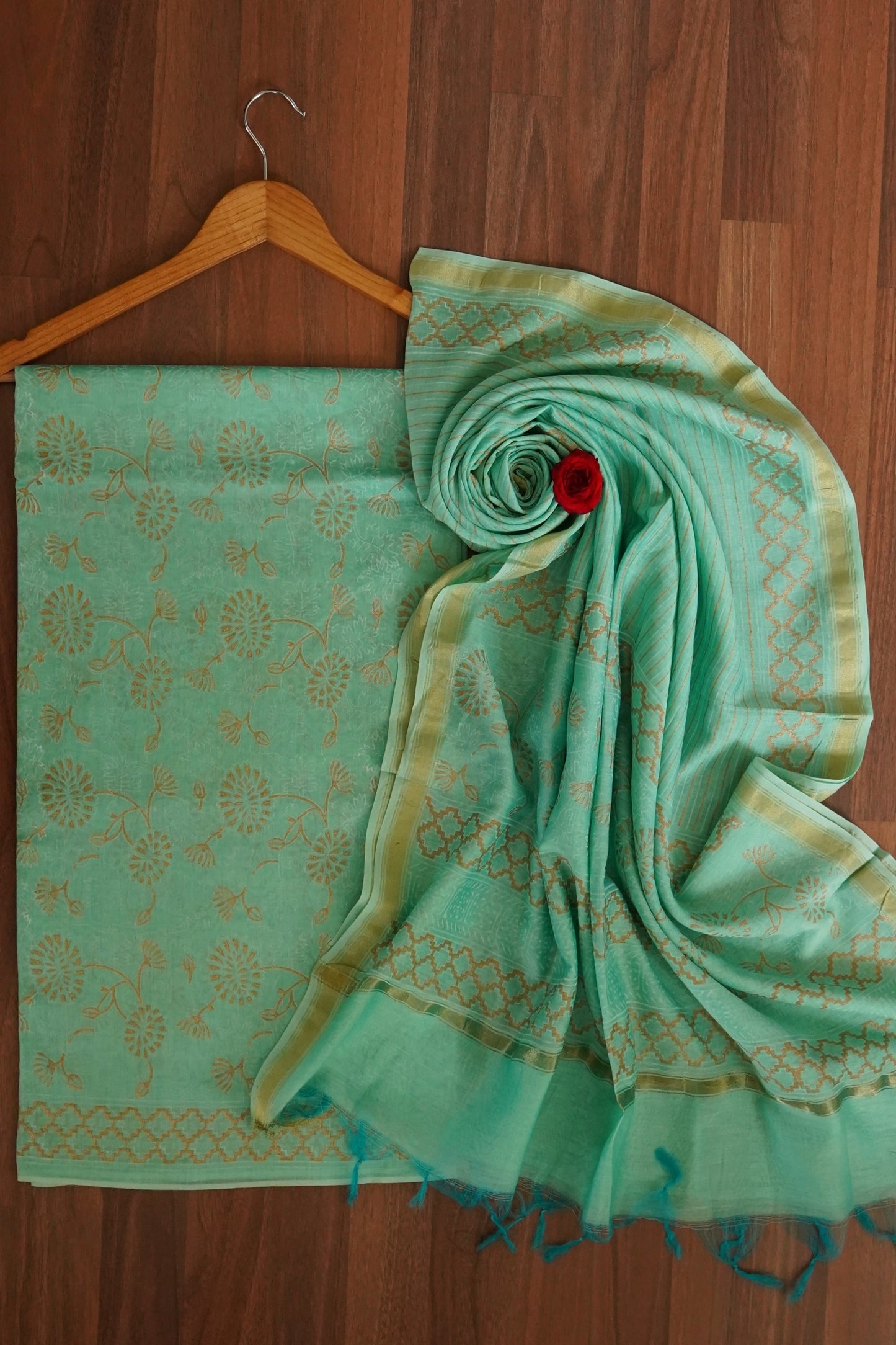 Hand Block Printed Chanderi Silk Cotton Suit Set