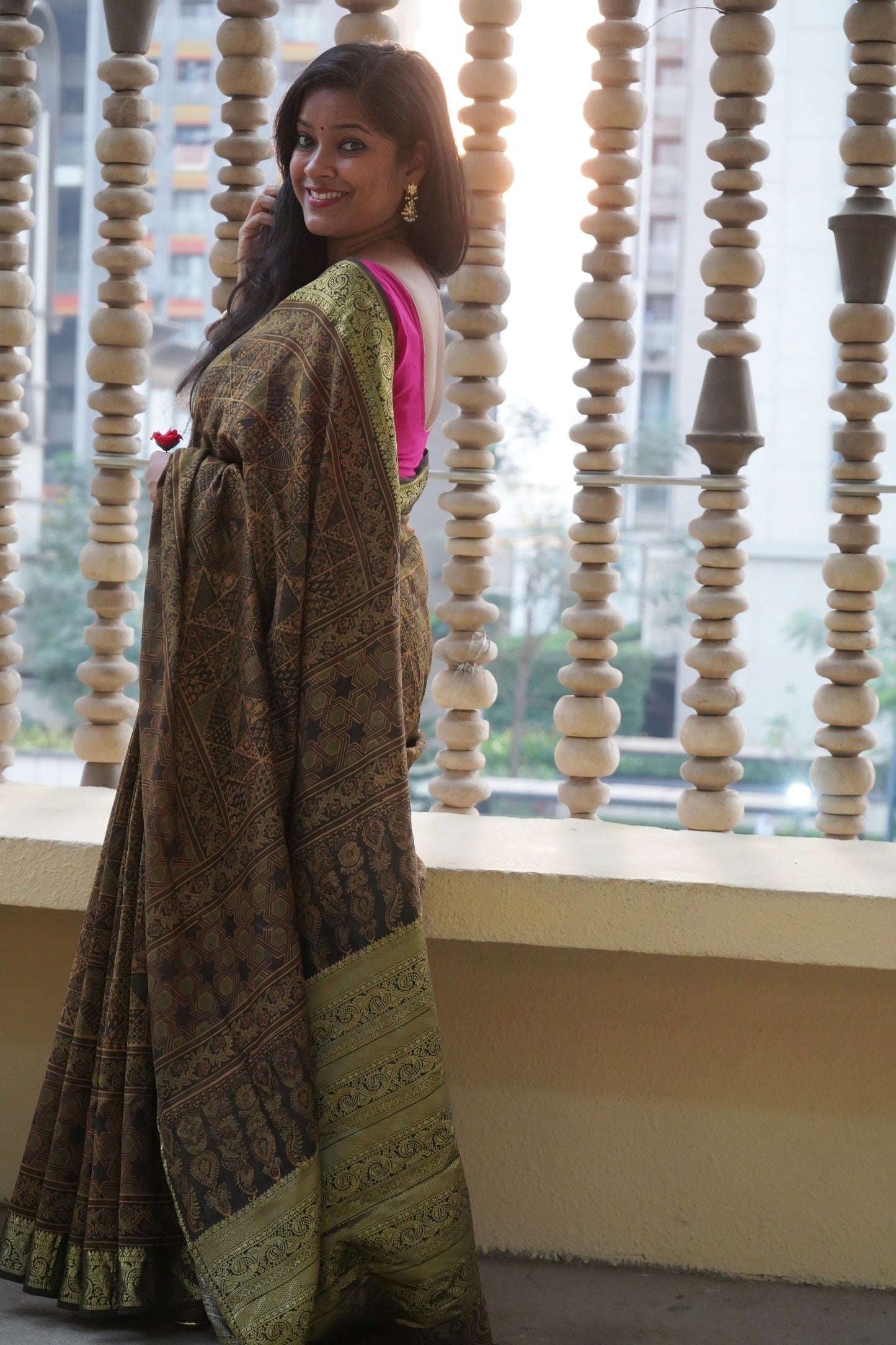 Ajrakh-Inspired Handblock Printed Chanderi Cotton Saree with Zari Border