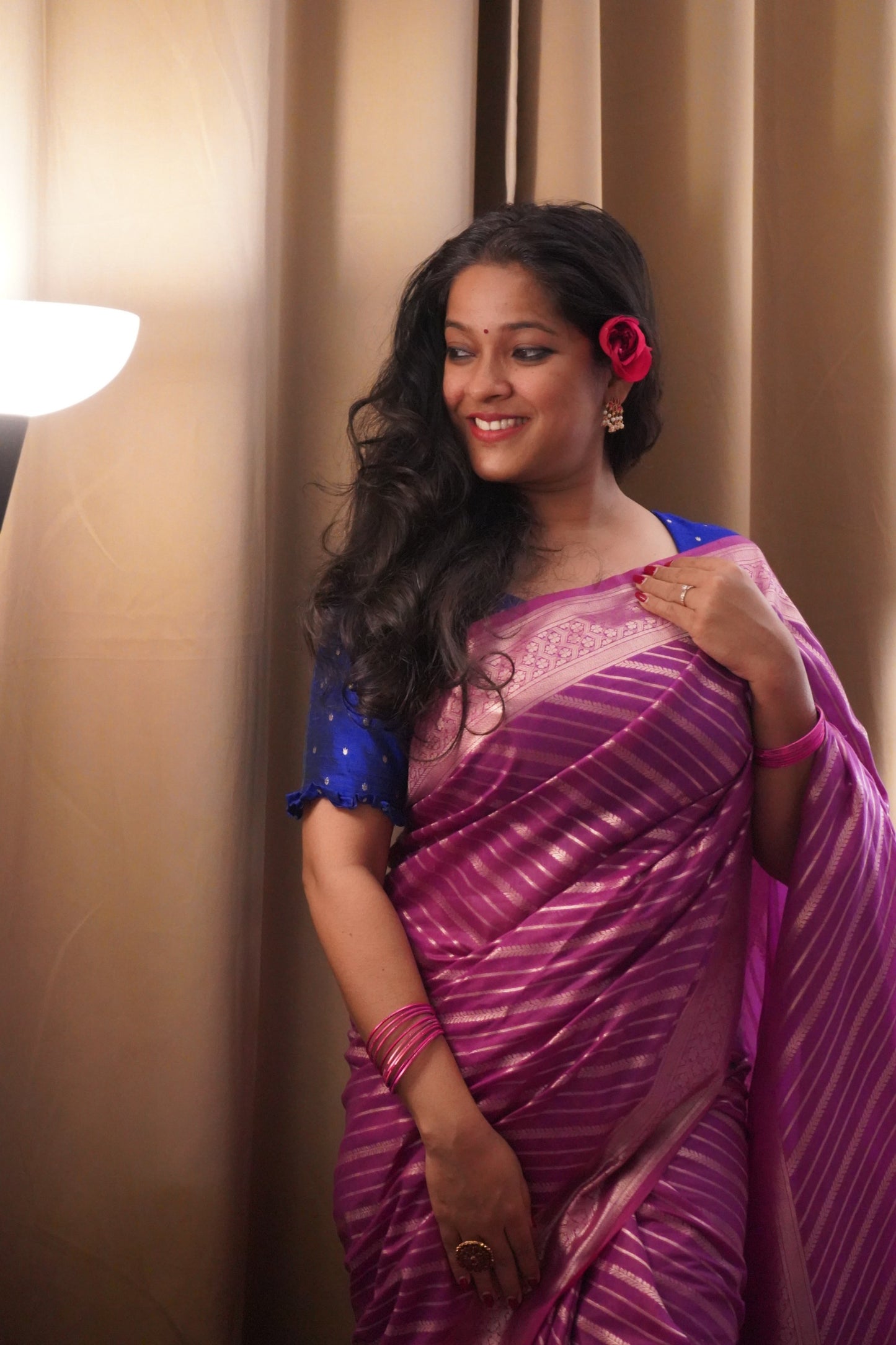 Magenta Banarasi Cotton Silk Saree with Zari Stripes