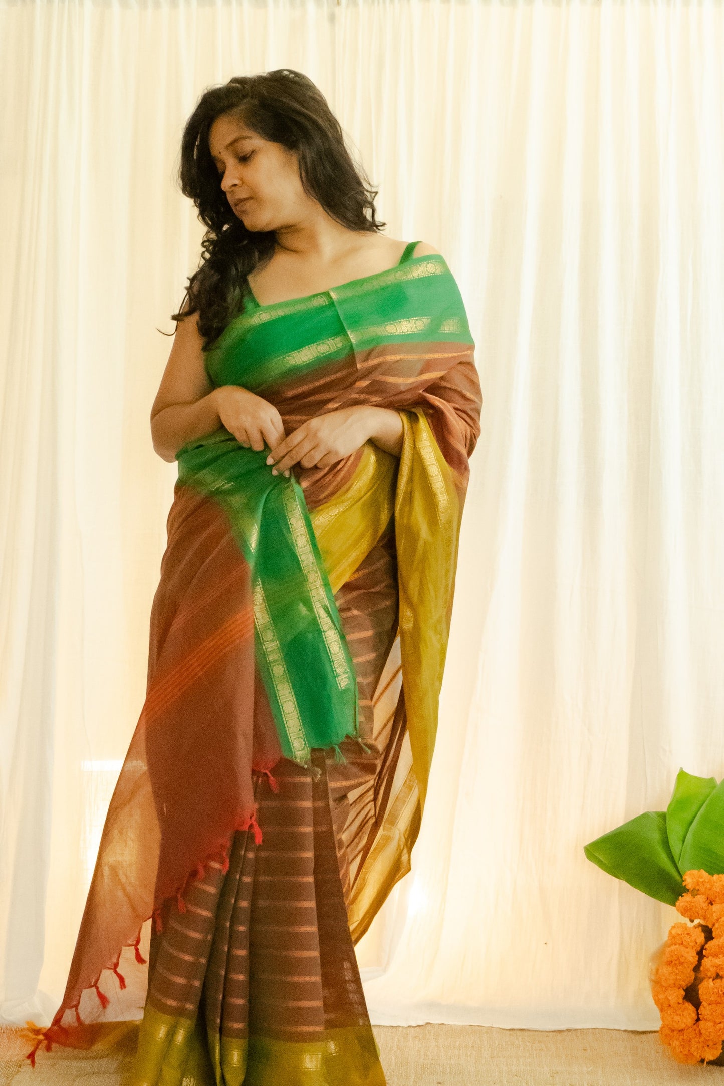 Chettinad Cotton Maroon Green Butti Stripes Saree