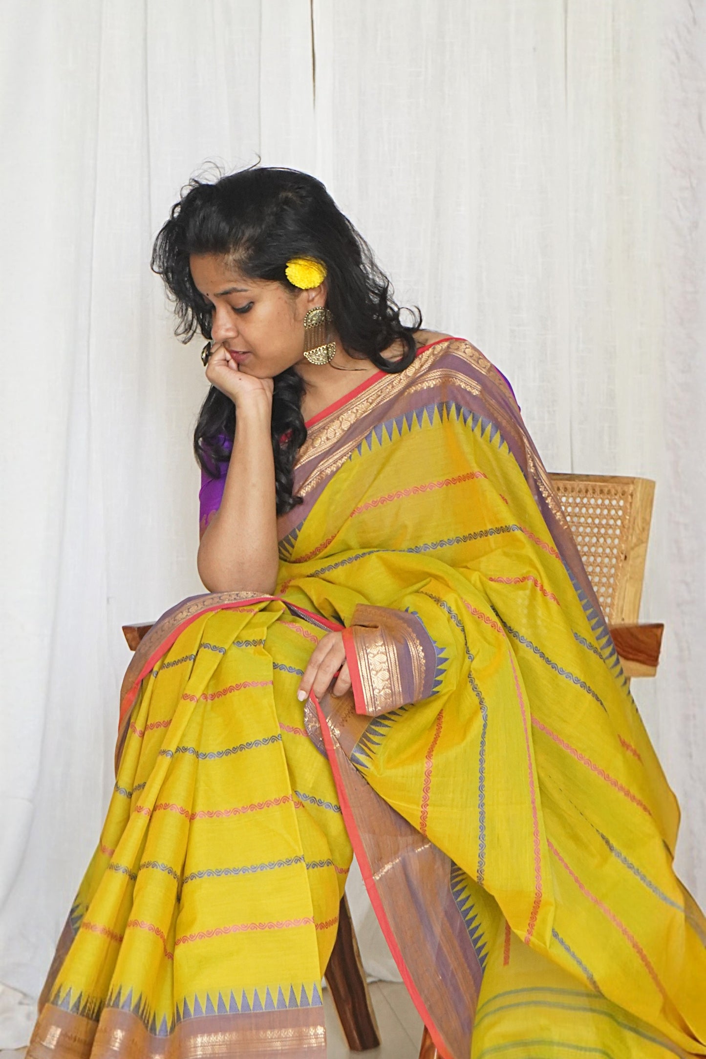 Chettinad Cotton Multicoloured Stripes Green Saree