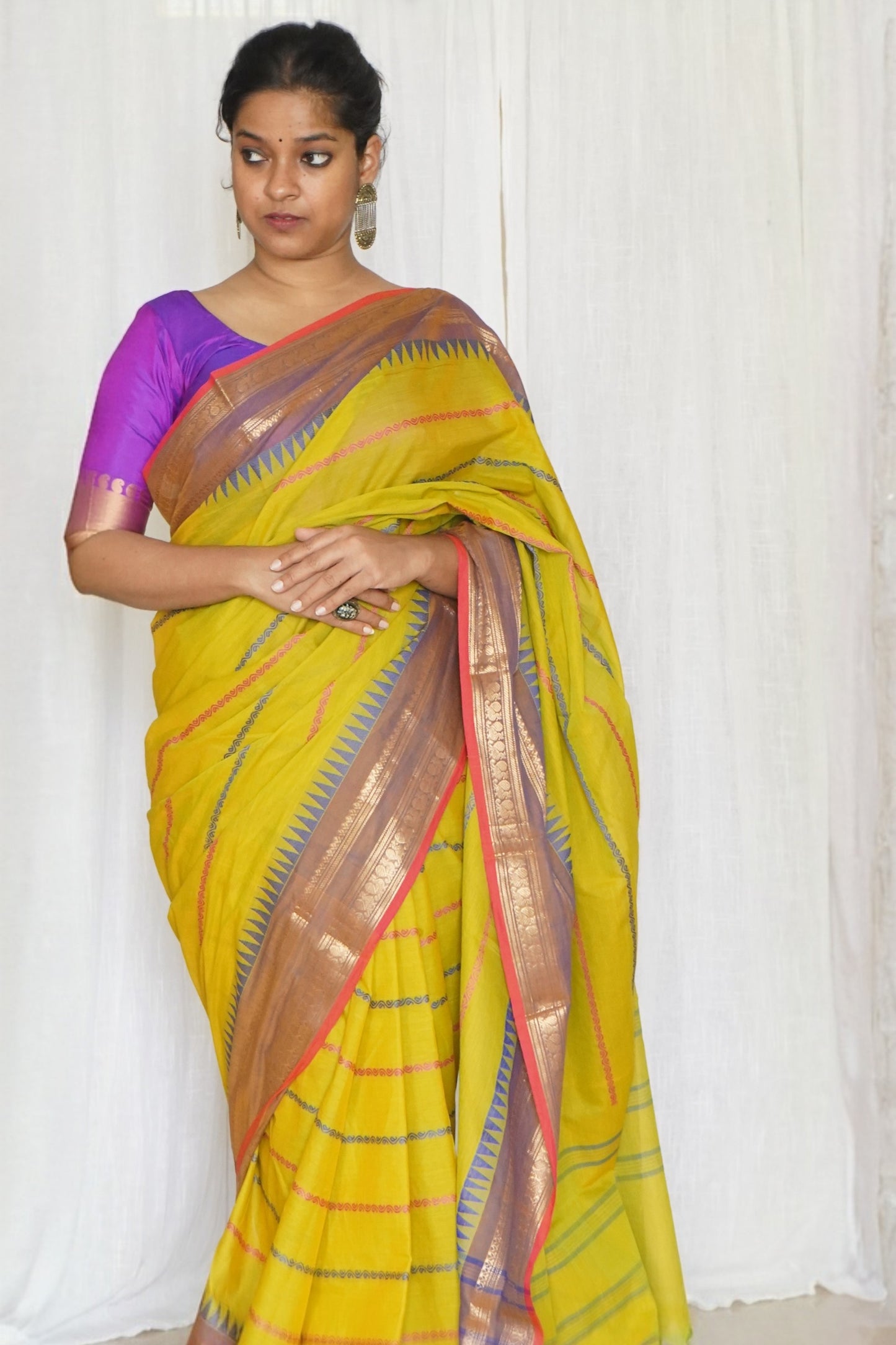 Chettinad Cotton Multicoloured Stripes Green Saree