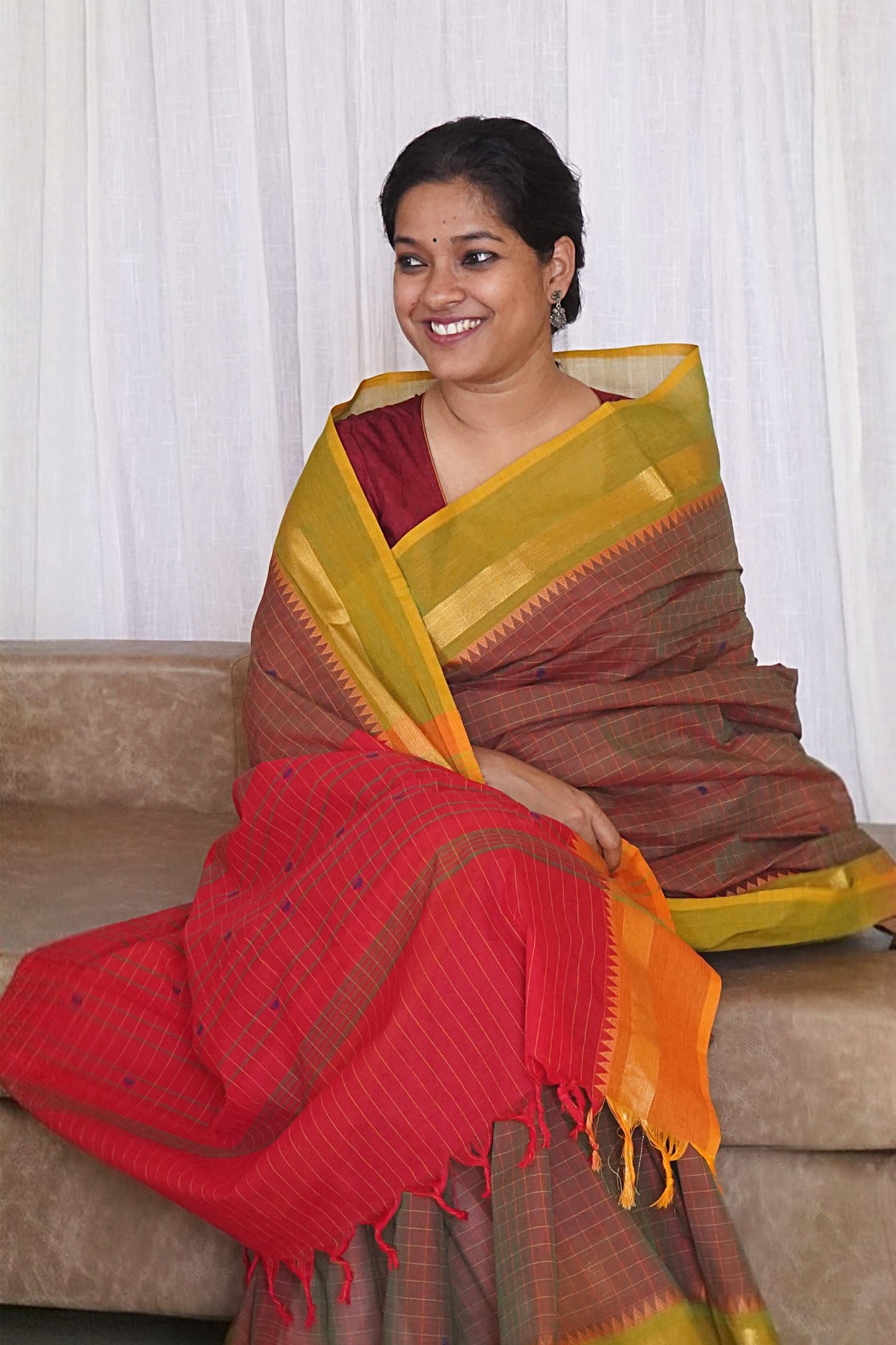 Chettinad Cotton Checks And Butta Maroon Red Saree