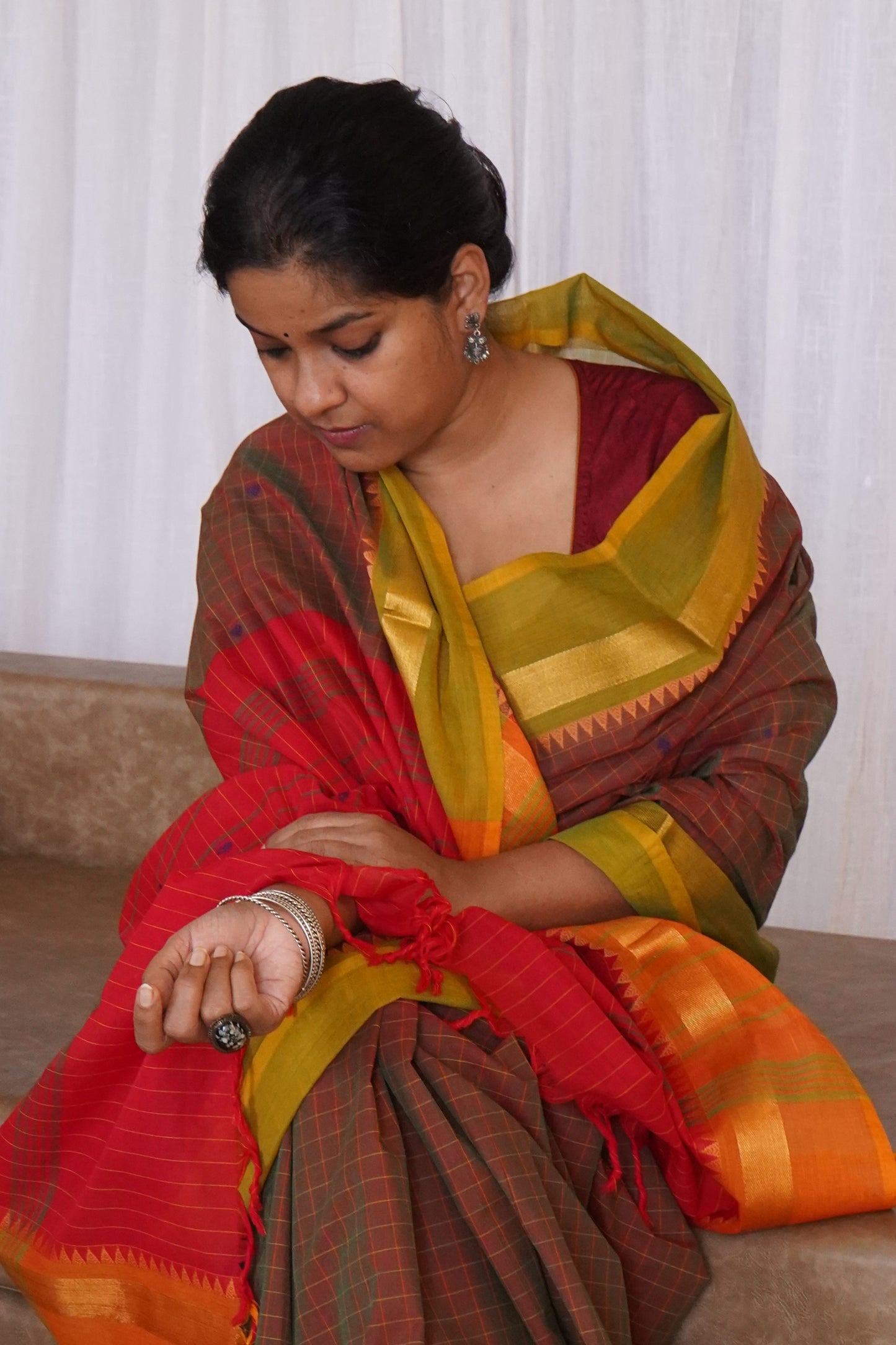 Chettinad Cotton Checks And Butta Maroon Red Saree