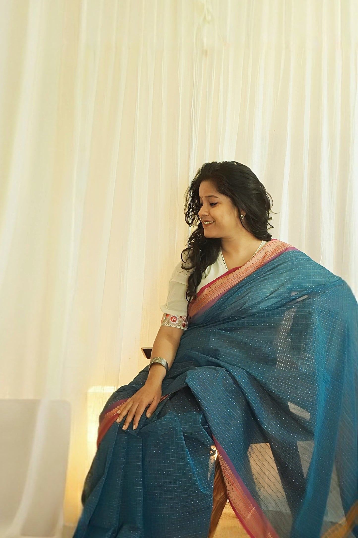 Chettinad Cotton Checks And Butta Blue Pink Saree