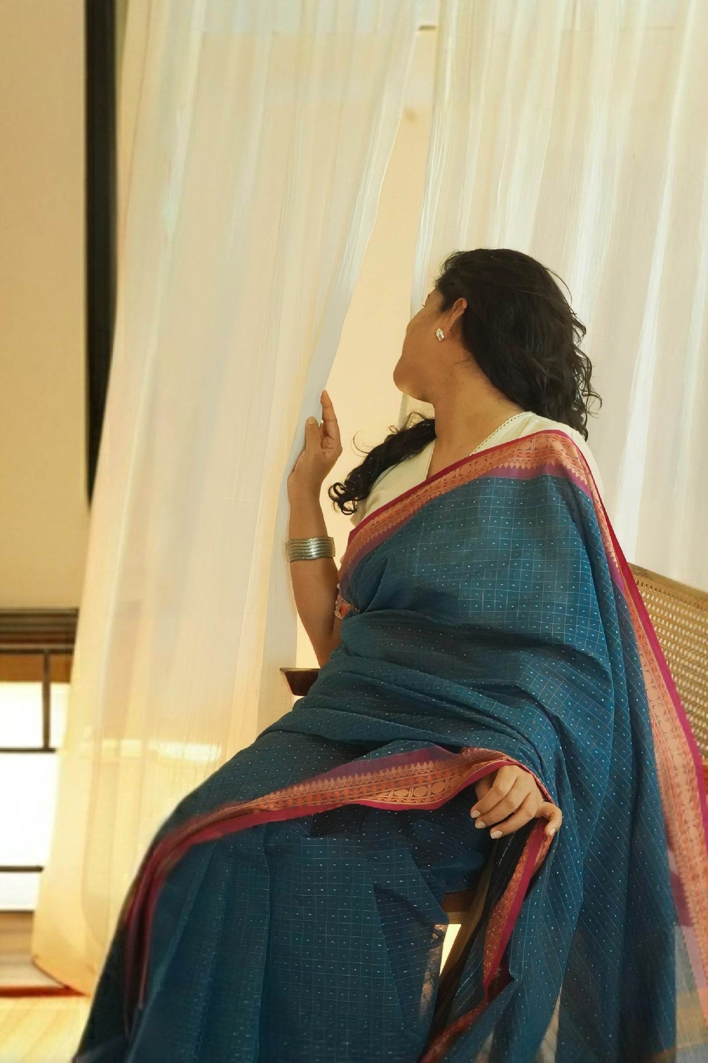 Chettinad Cotton Checks And Butta Blue Pink Saree