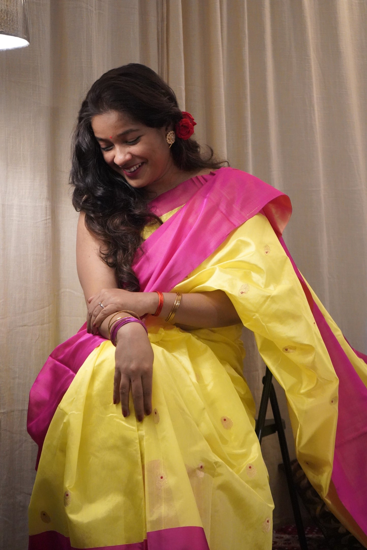 Yellow Pink Pure Pattu Silk Chanderi Saree