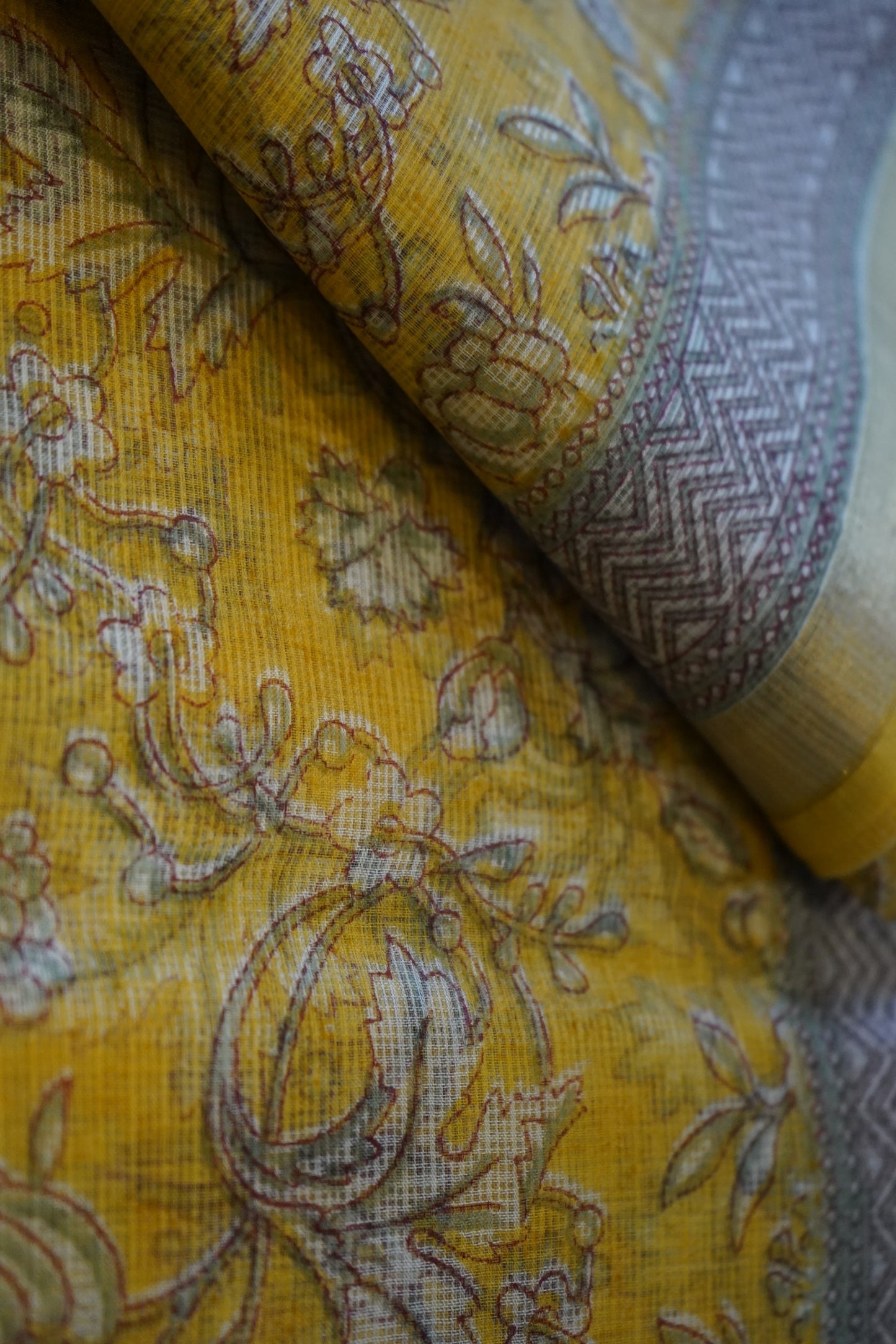 Yellow Handblock Printed Kota Silk Saree
