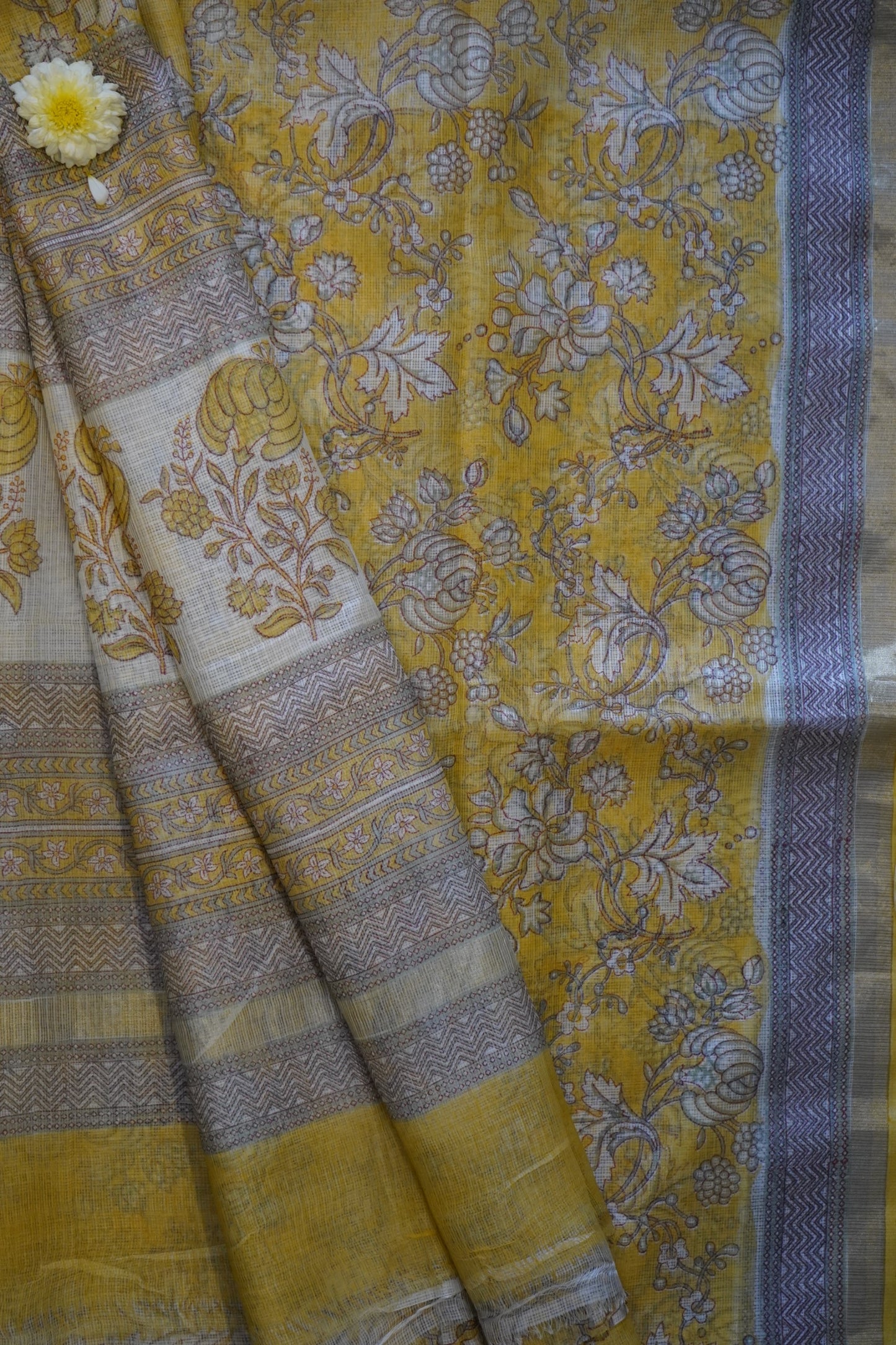 Yellow Handblock Printed Kota Silk Saree