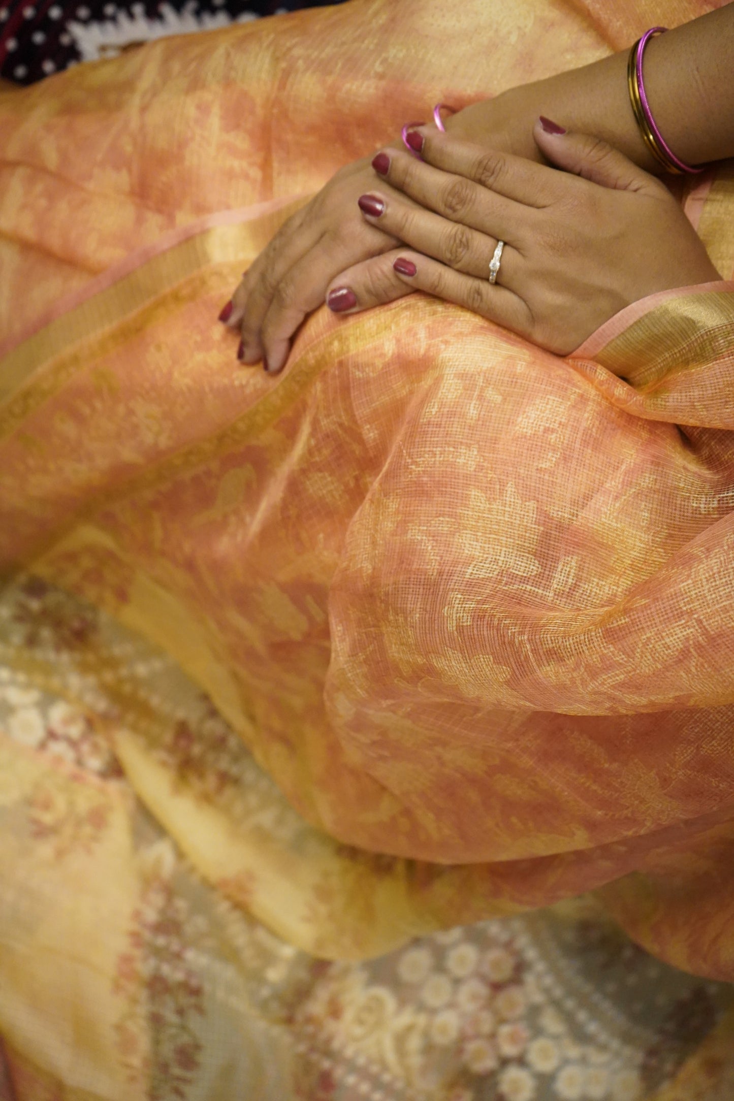 Peach Kota Silk Handblock Printed Saree