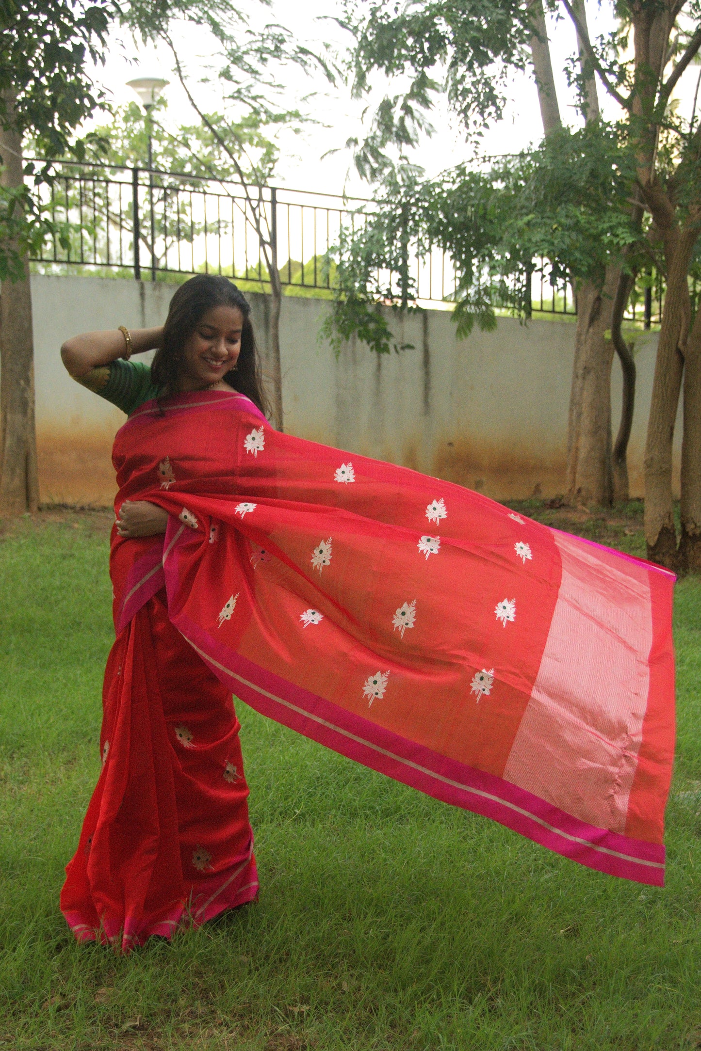 Red with Pink Border Pure Silk Chanderi Saree