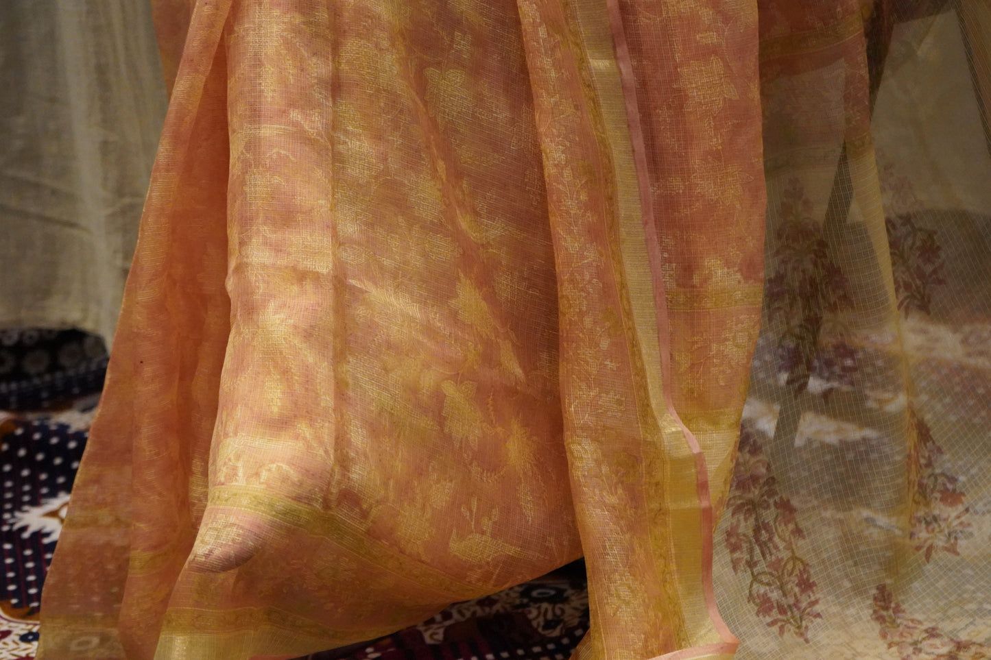 Peach Kota Silk Handblock Printed Saree