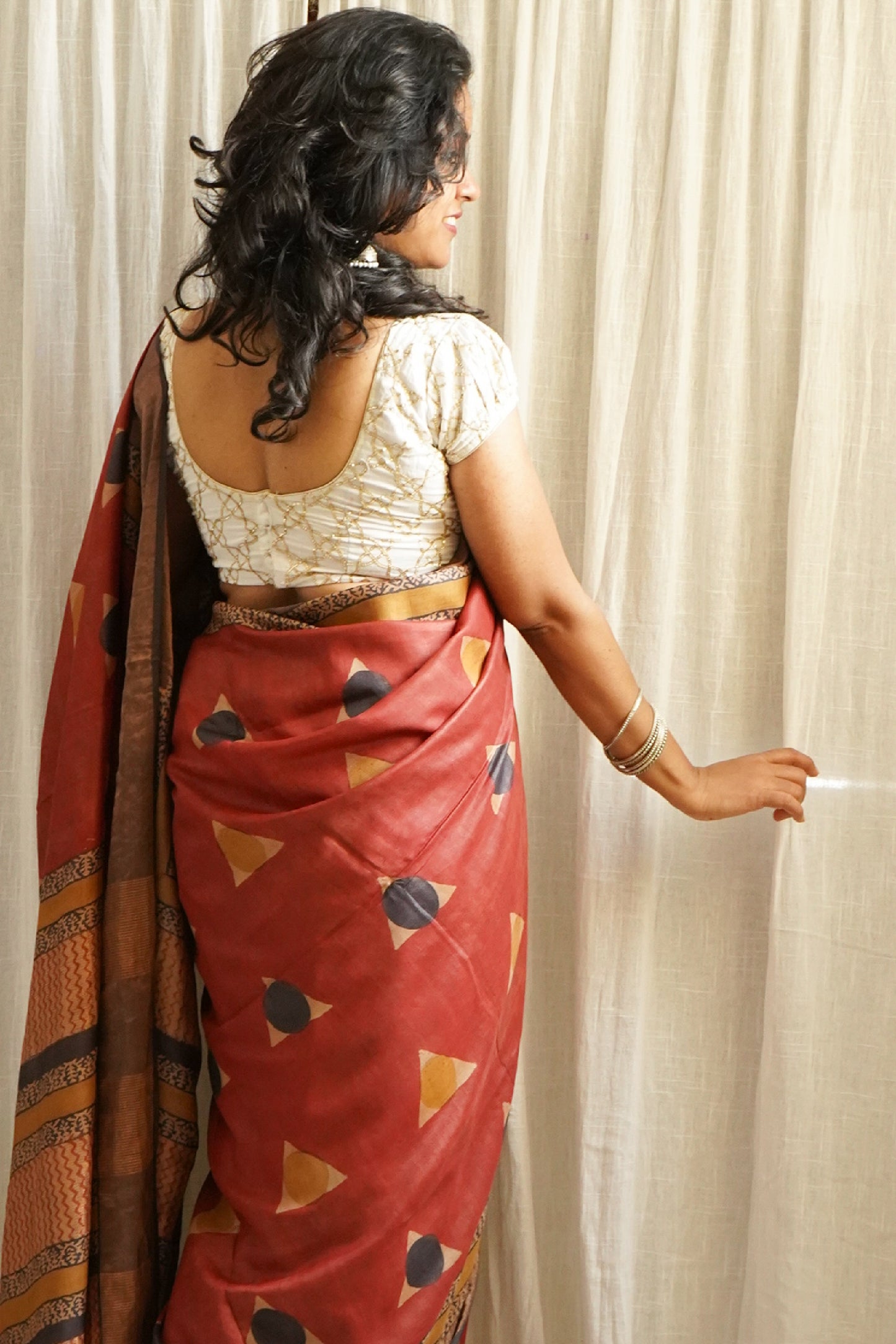 Maroon Printed Pure Tussar Saree