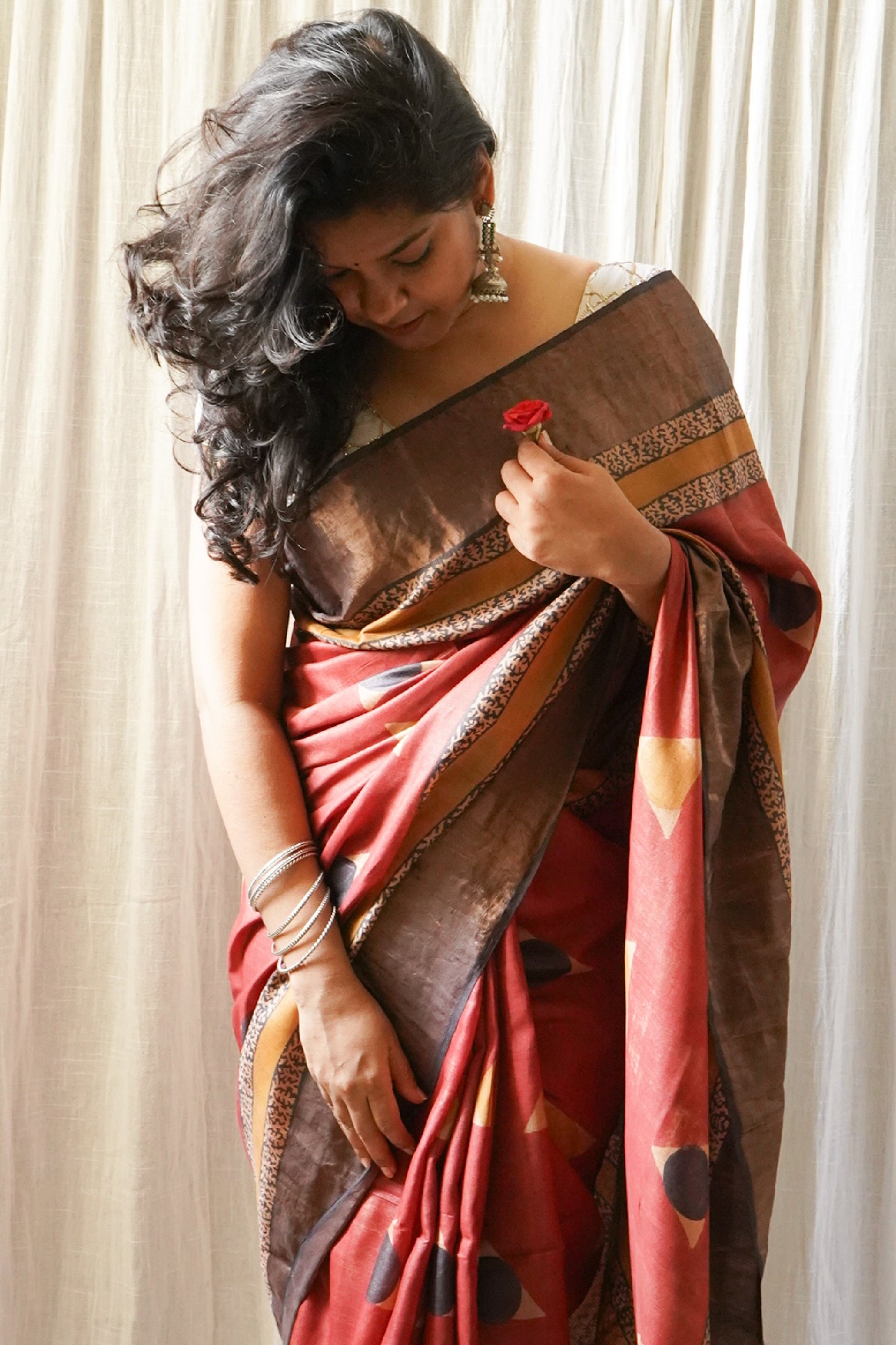 Maroon Printed Pure Tussar Saree