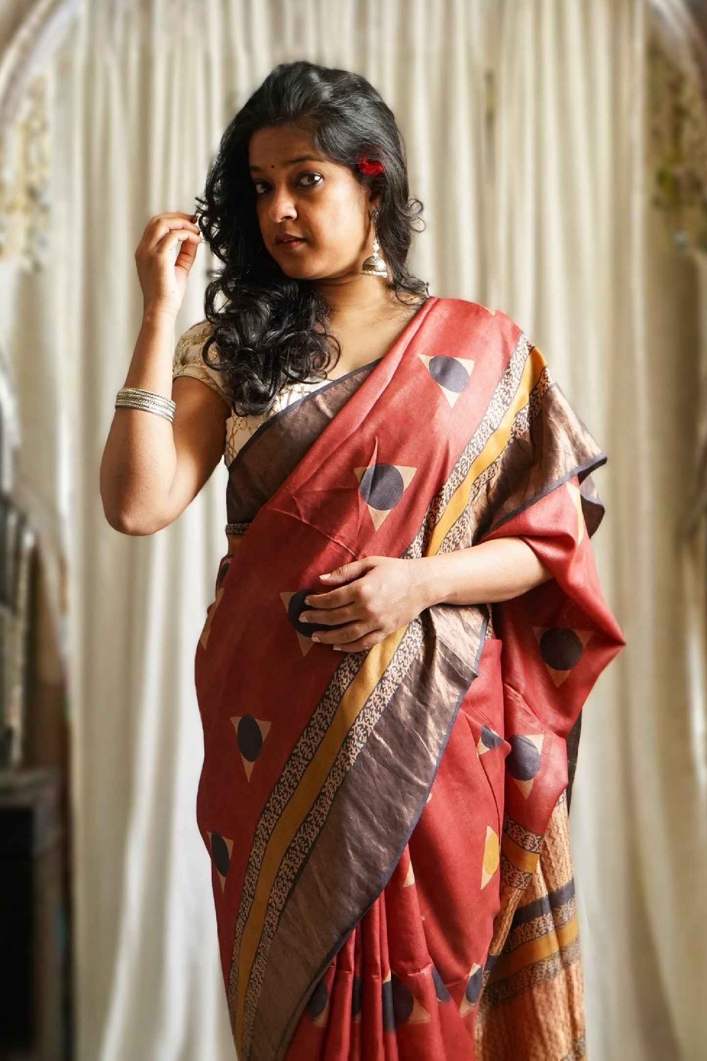 Maroon Printed Pure Tussar Saree