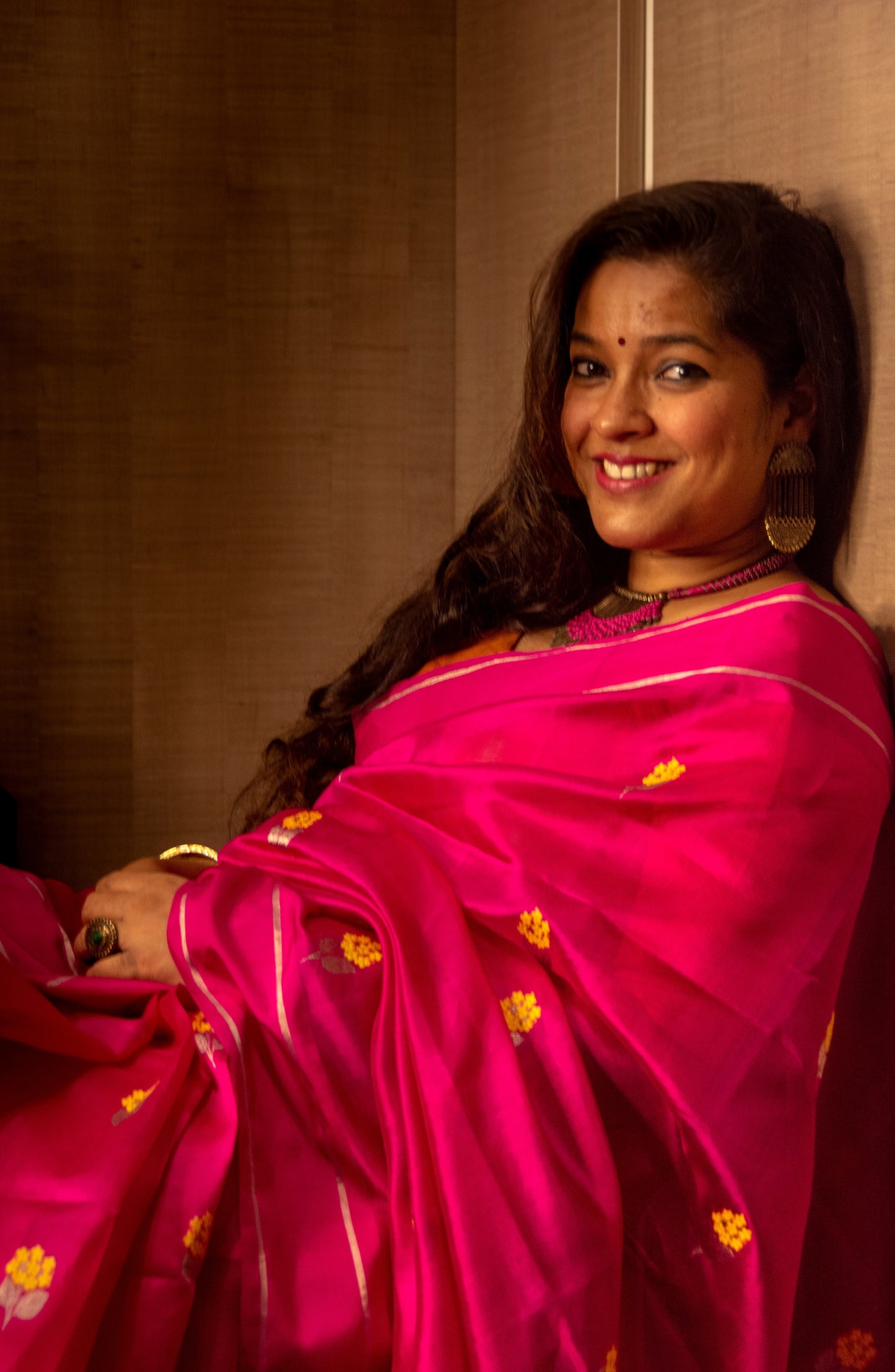 Pink with Yellow Butis Pure Silk Chanderi Saree