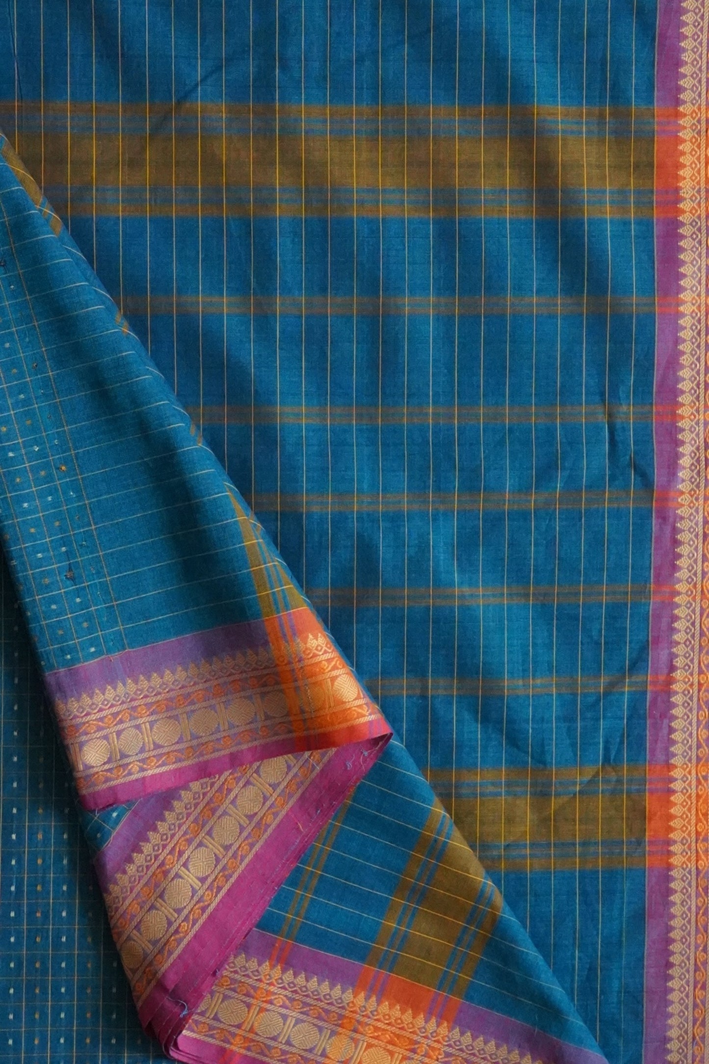 Chettinad Cotton Checks And Butta Blue Pink Saree
