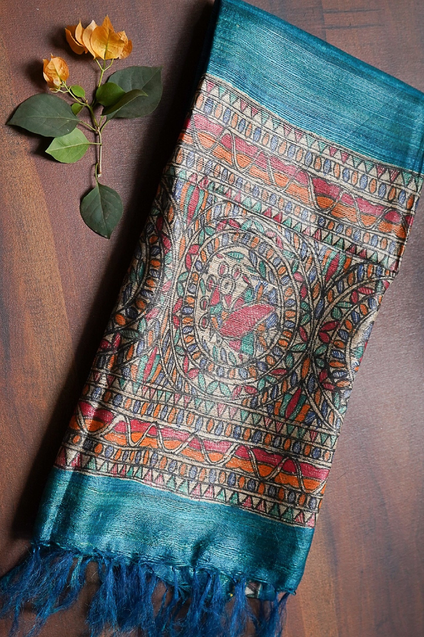 Hand Painted Madhubani Tussar Silk Dupatta