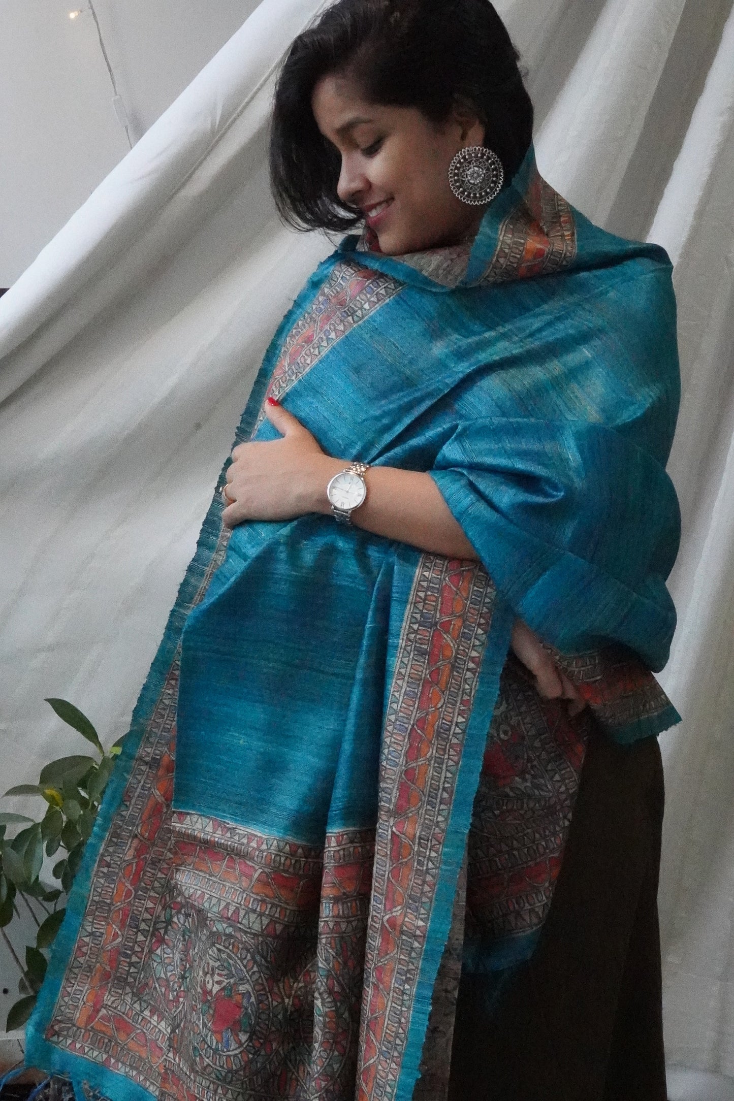 Hand Painted Madhubani Tussar Silk Dupatta