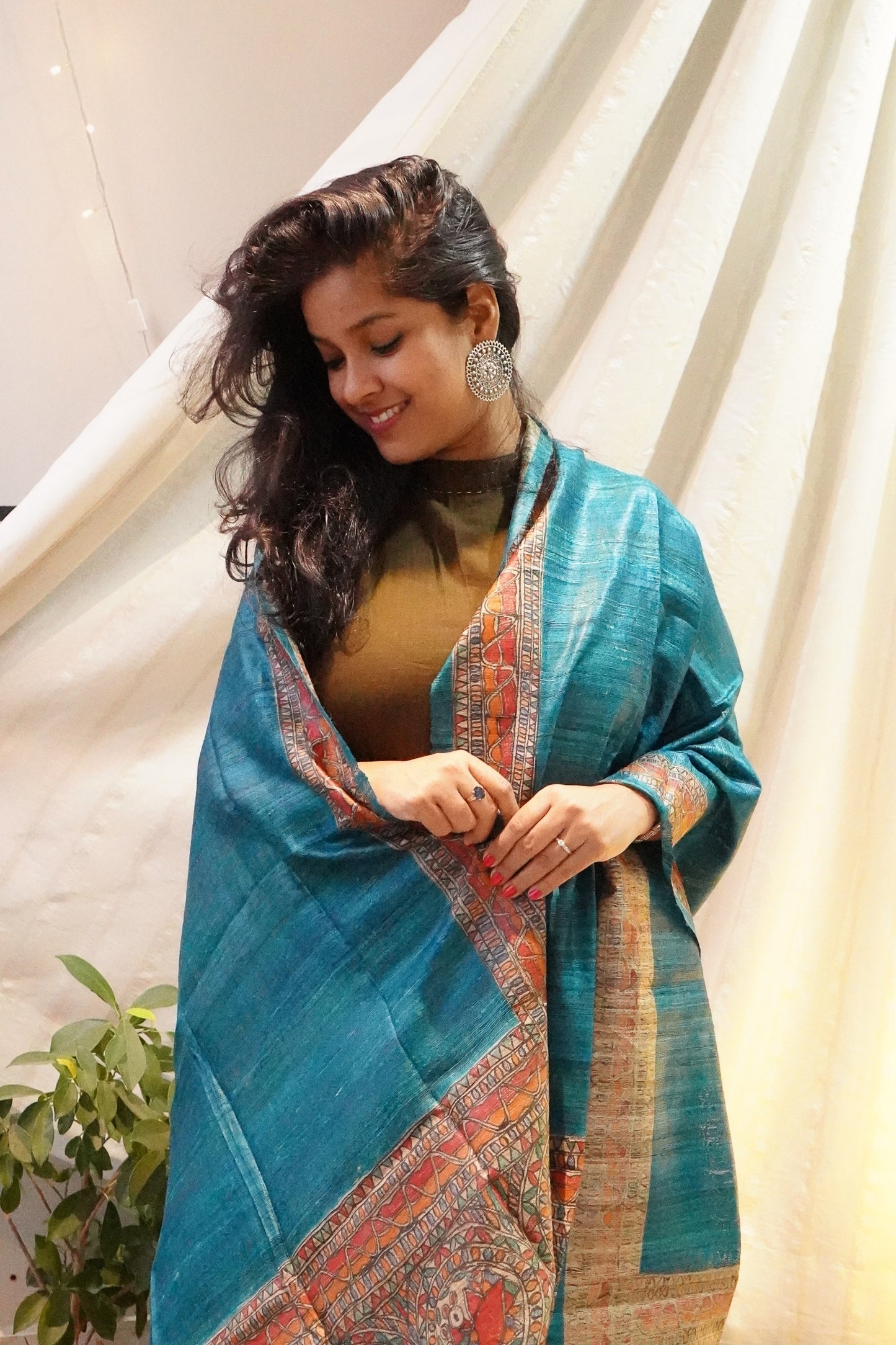 Hand Painted Madhubani Tussar Silk Dupatta