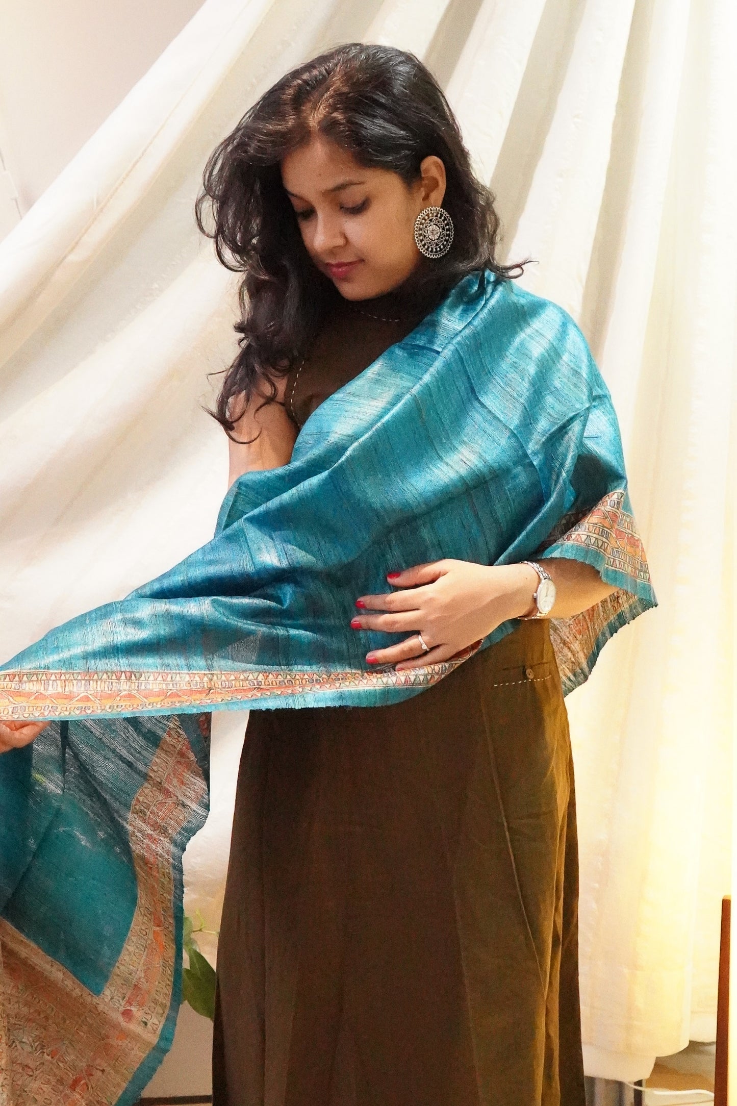 Hand Painted Madhubani Tussar Silk Dupatta