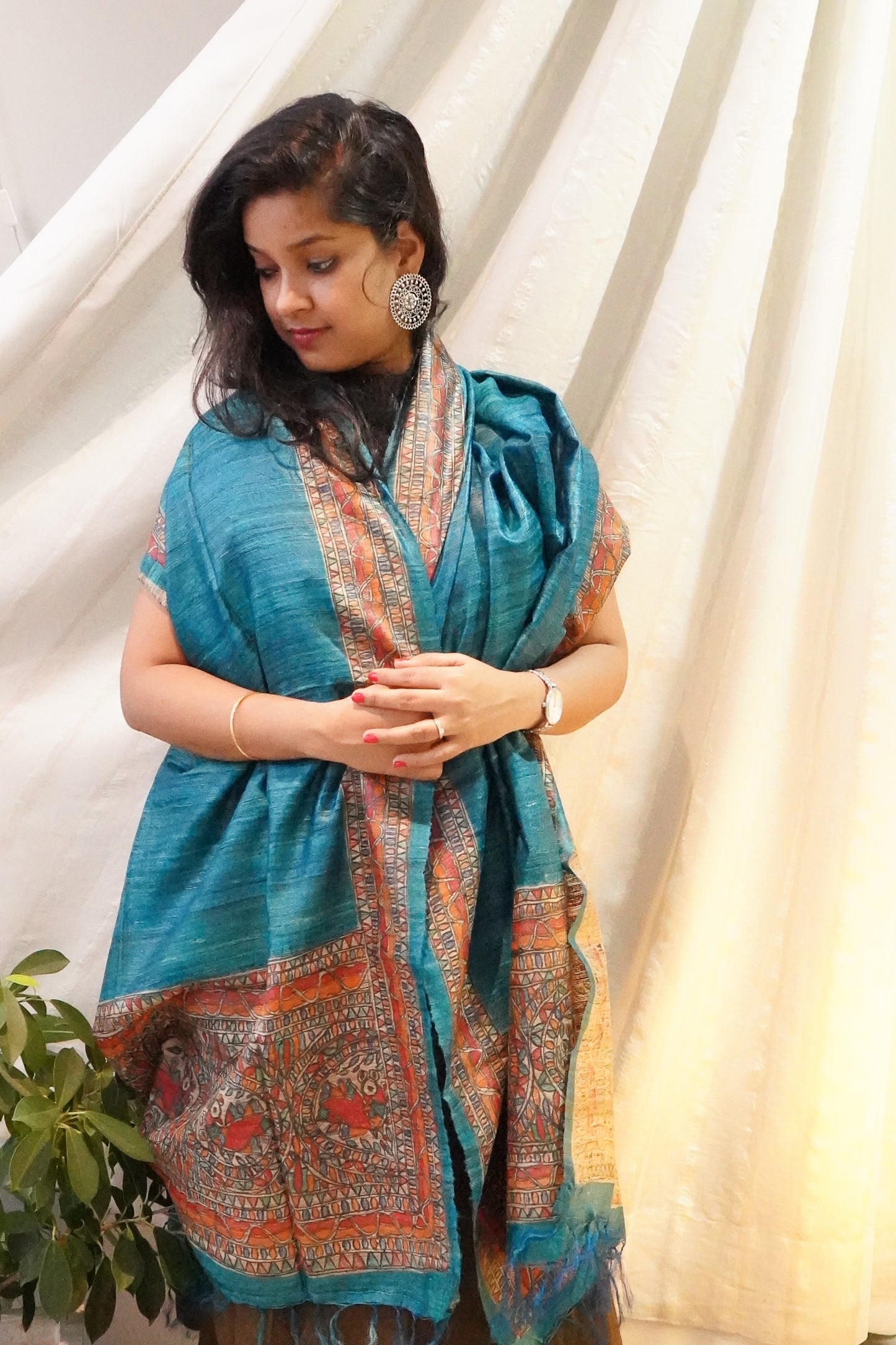 Hand Painted Madhubani Tussar Silk Dupatta