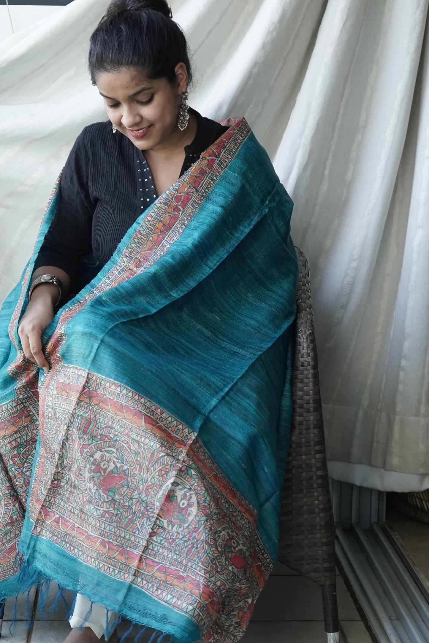 Hand Painted Madhubani Tussar Silk Dupatta