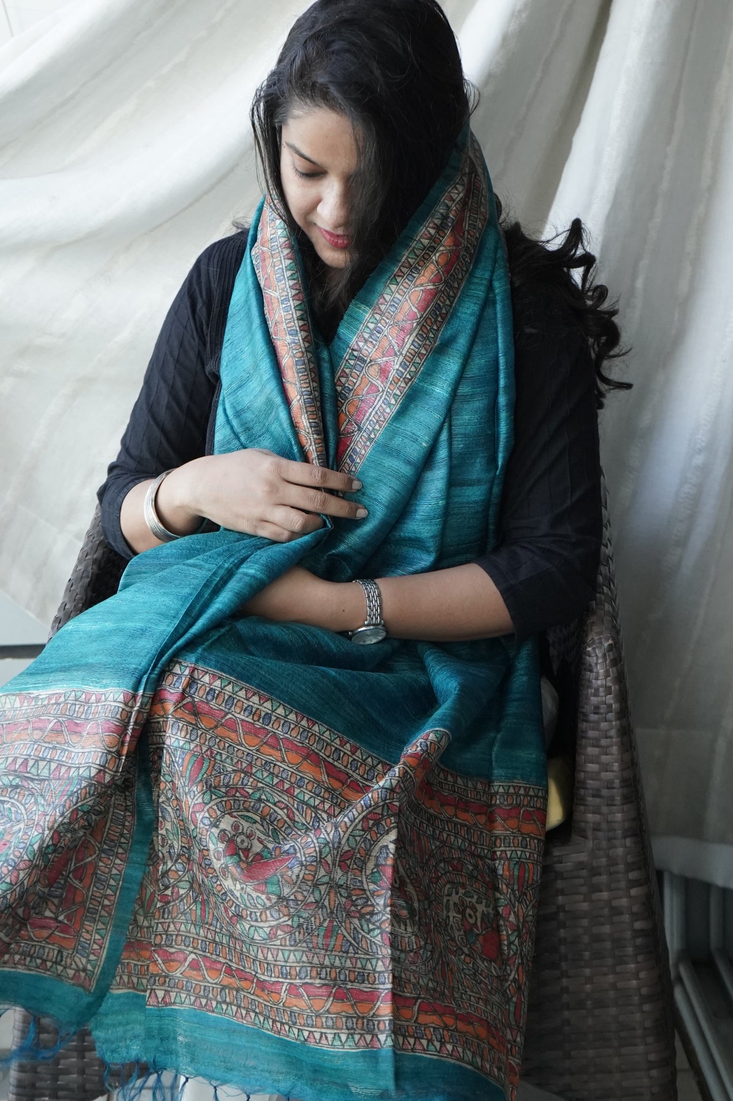 Hand Painted Madhubani Tussar Silk Dupatta