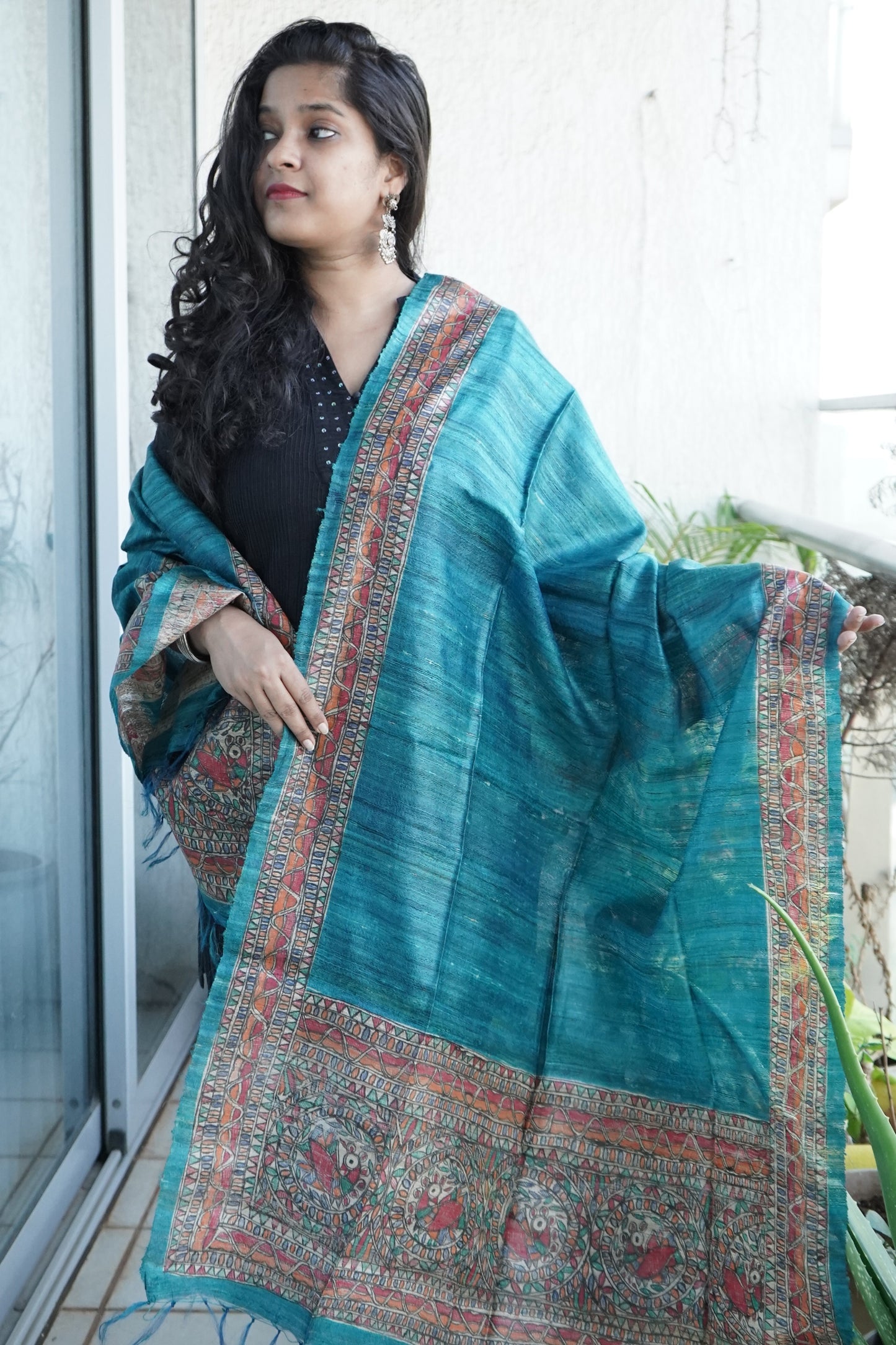 Hand Painted Madhubani Tussar Silk Dupatta