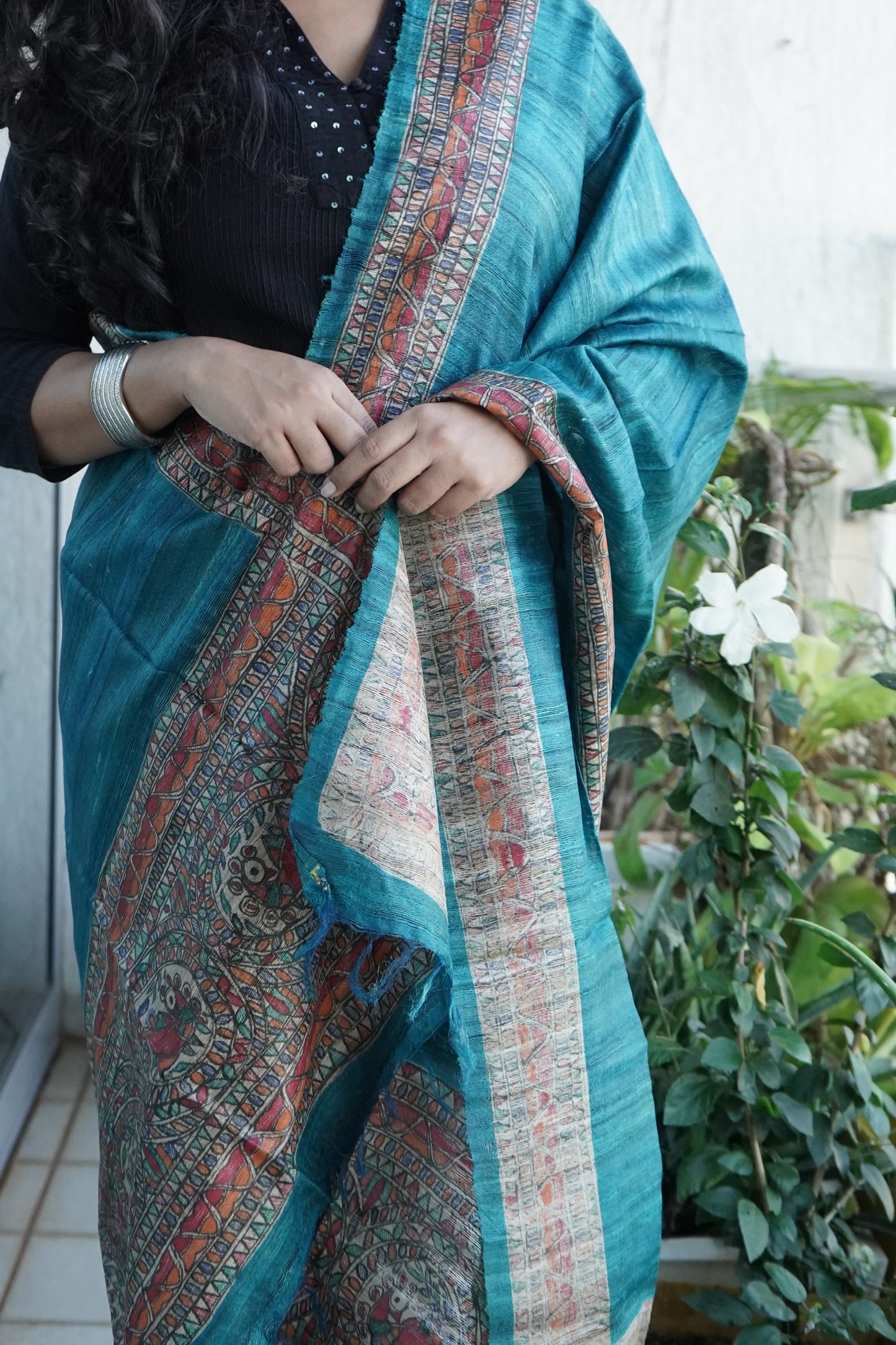 Hand Painted Madhubani Tussar Silk Dupatta