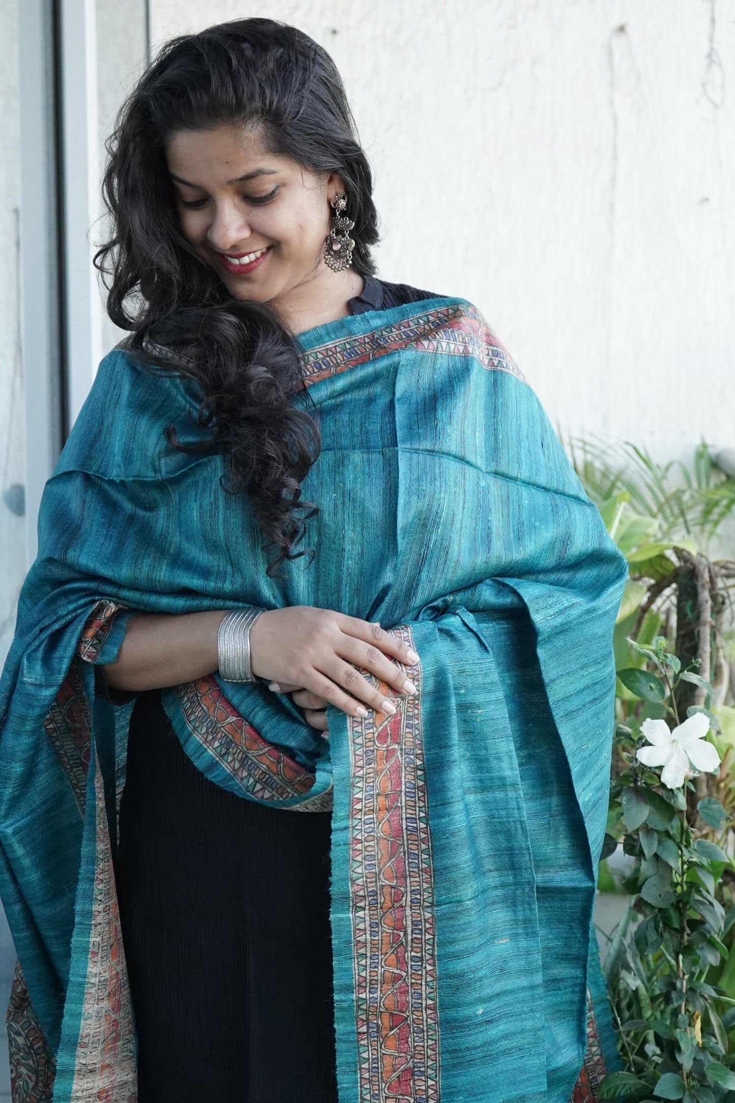 Hand Painted Madhubani Tussar Silk Dupatta
