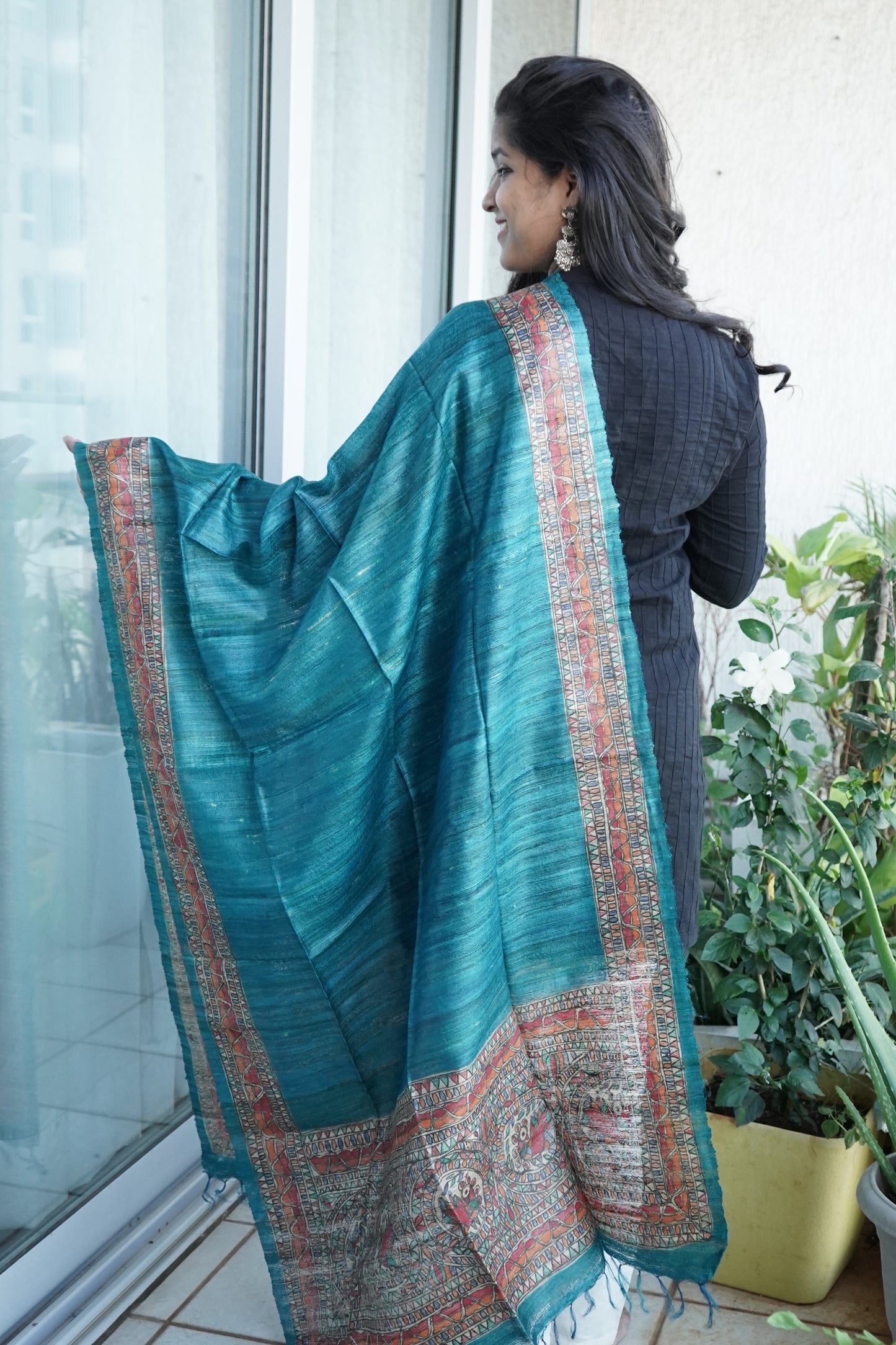 Hand Painted Madhubani Tussar Silk Dupatta