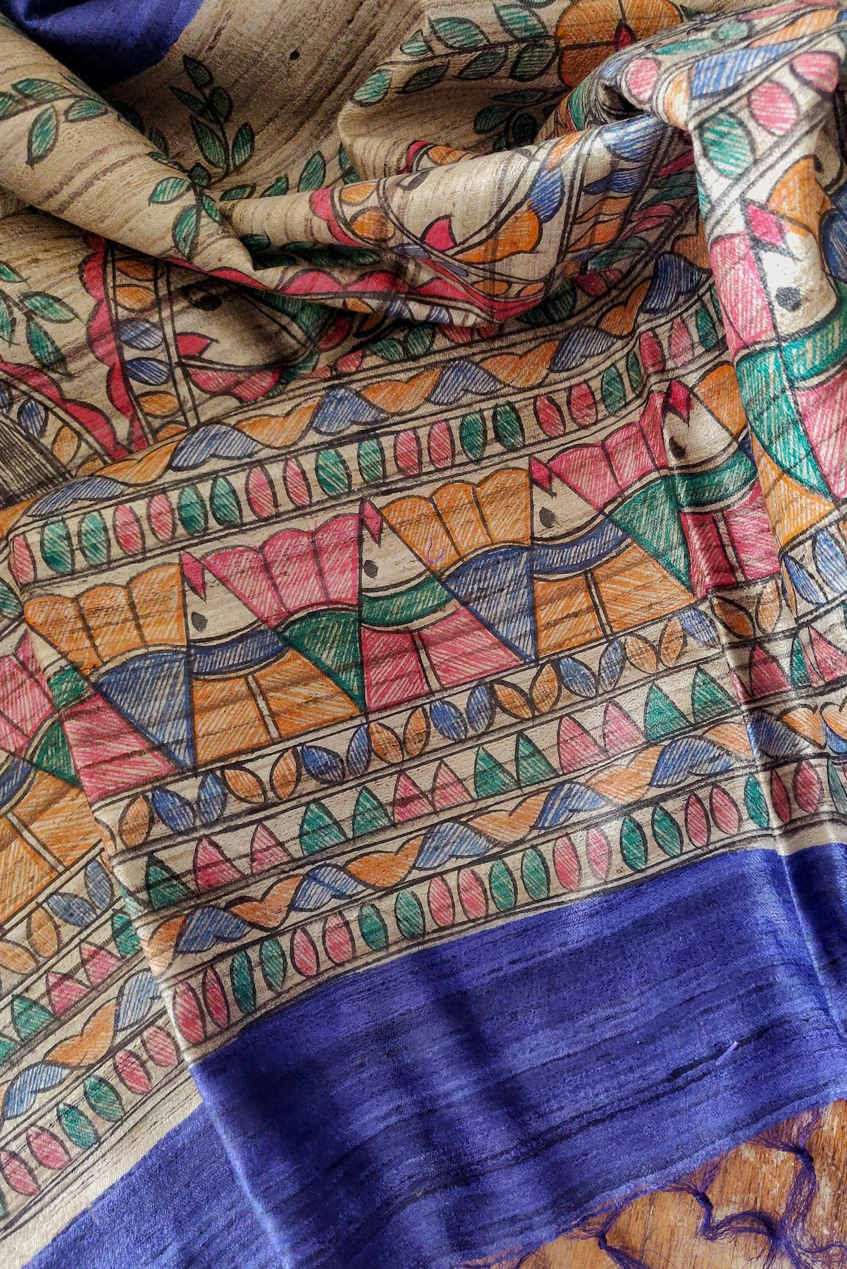 Hand Painted Madhubani Tussar Silk Dupatta
