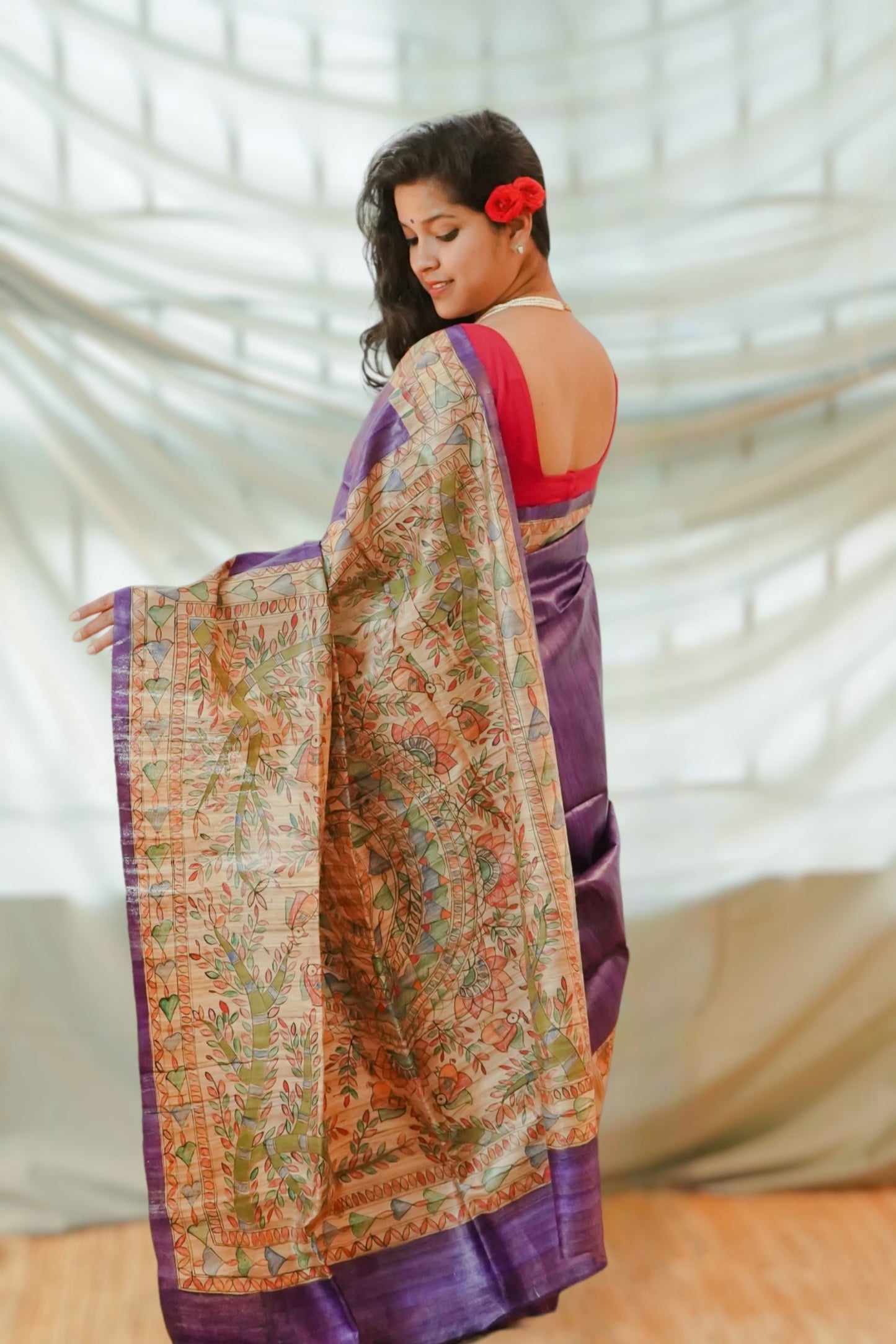 Hand Painted Madhubani Tussar Silk Saree
