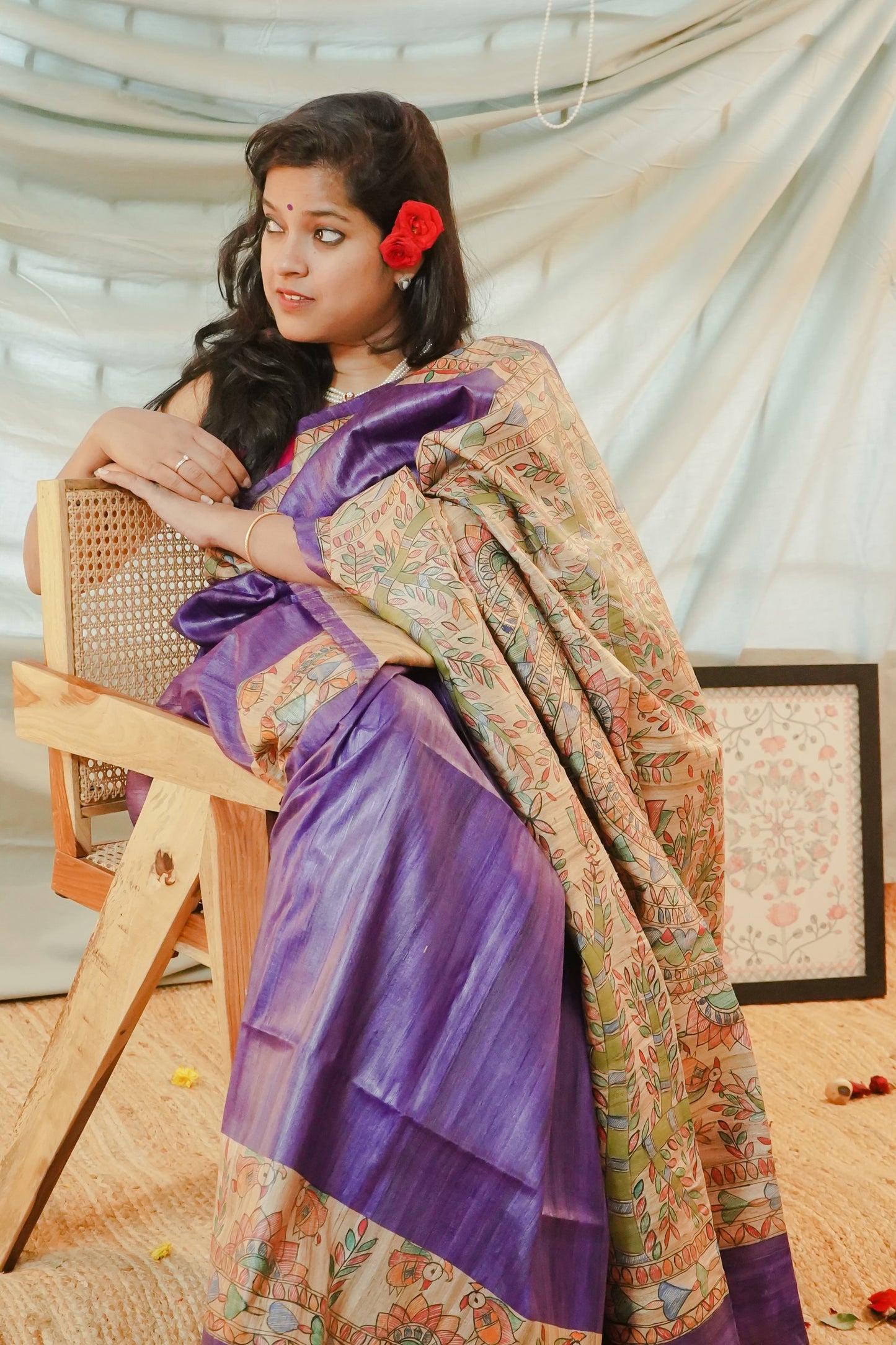 Hand Painted Madhubani Tussar Silk Saree