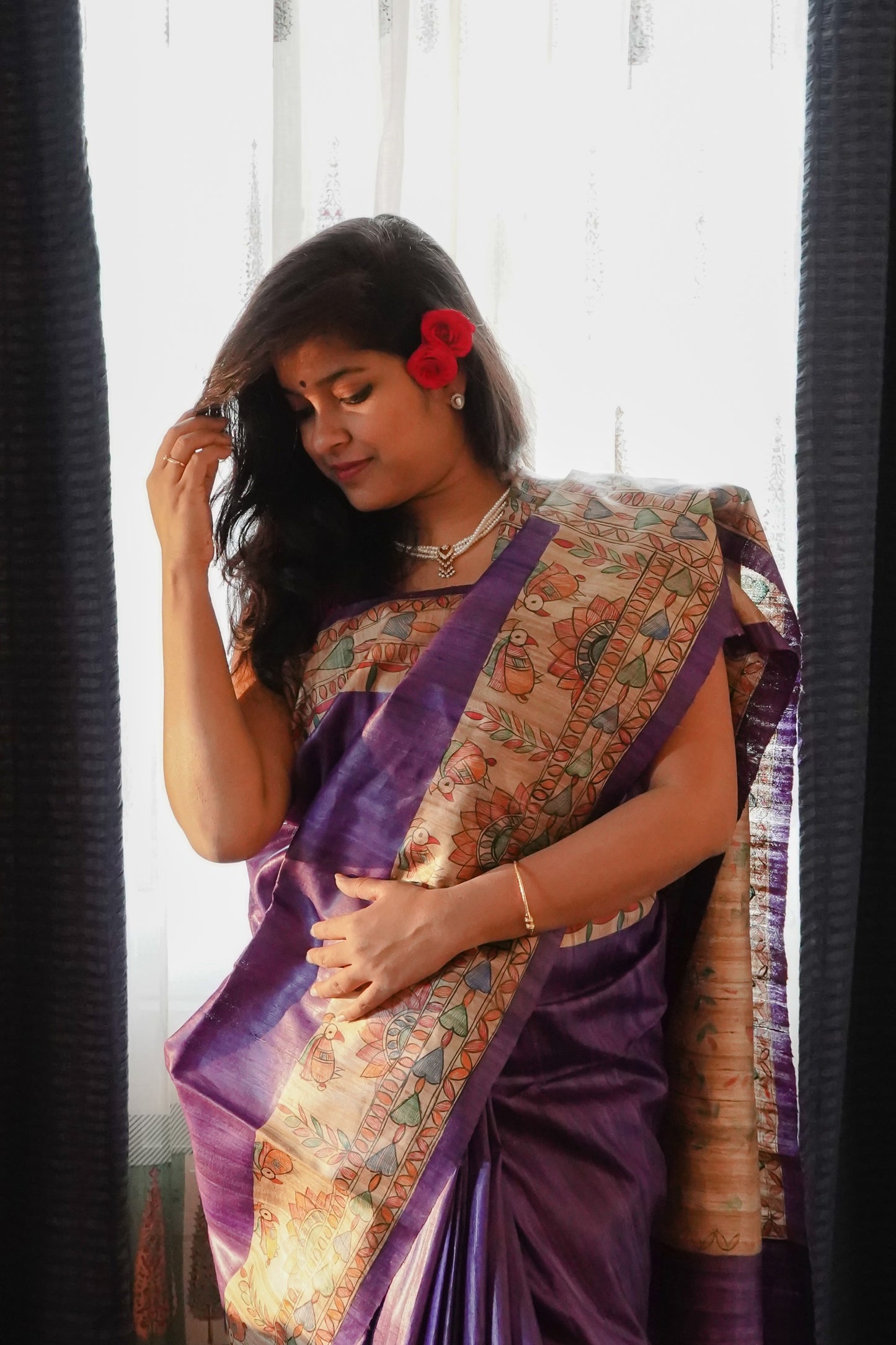 Hand Painted Madhubani Tussar Silk Saree
