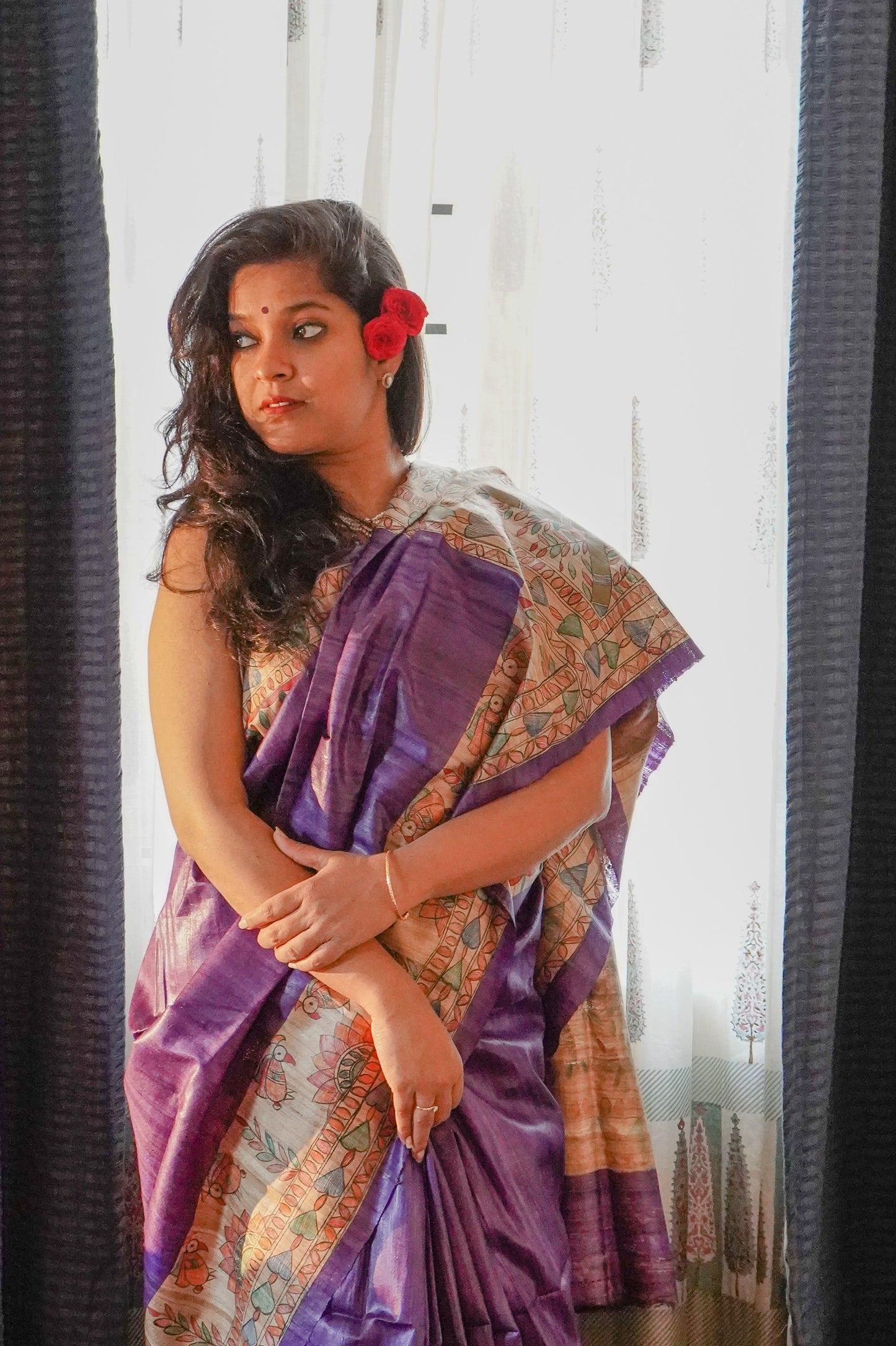 Hand Painted Madhubani Tussar Silk Saree