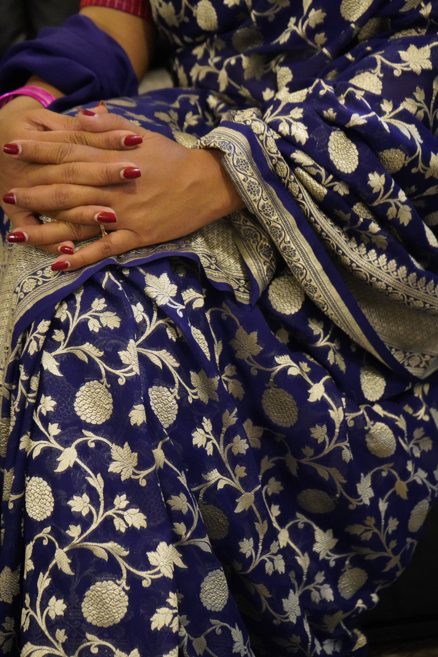 Royal Blue Pure Khaddi Georgette Banarasi Saree with Handwoven Zari Jaal