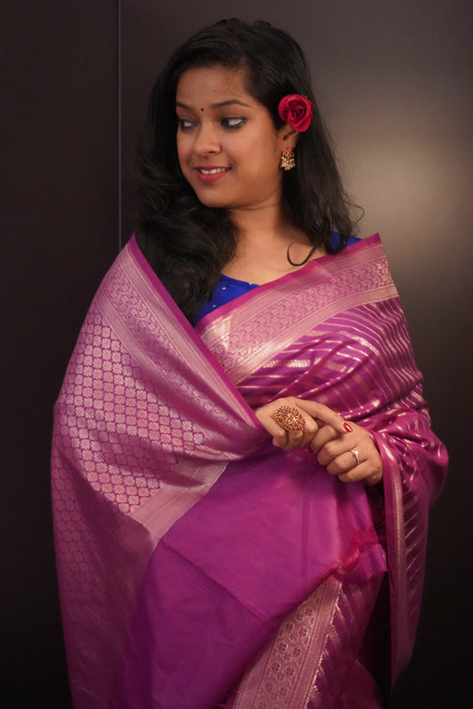 Magenta Banarasi Cotton Silk Saree with Zari Stripes