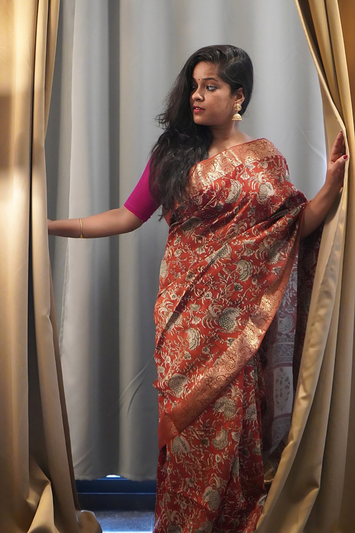 Rust Red Chanderi Cotton Saree with Zari Hand Block Printed