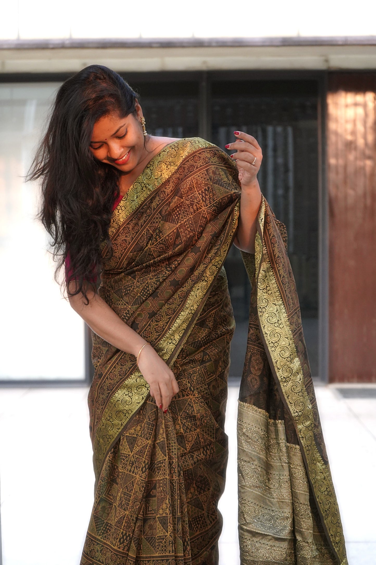 Ajrakh-Inspired Handblock Printed Chanderi Cotton Saree with Zari Border