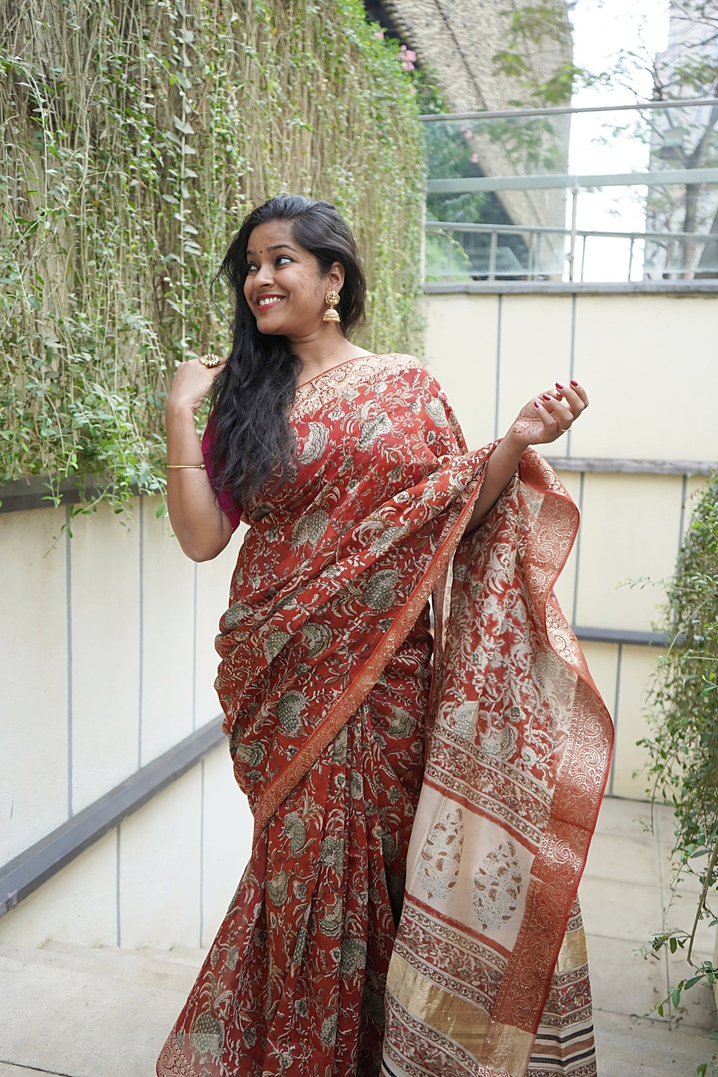 Rust Red Chanderi Cotton Saree with Zari Hand Block Printed