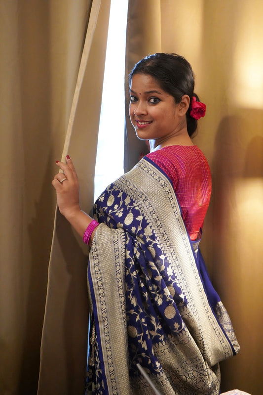 Royal Blue Pure Khaddi Georgette Banarasi Saree with Handwoven Zari Jaal